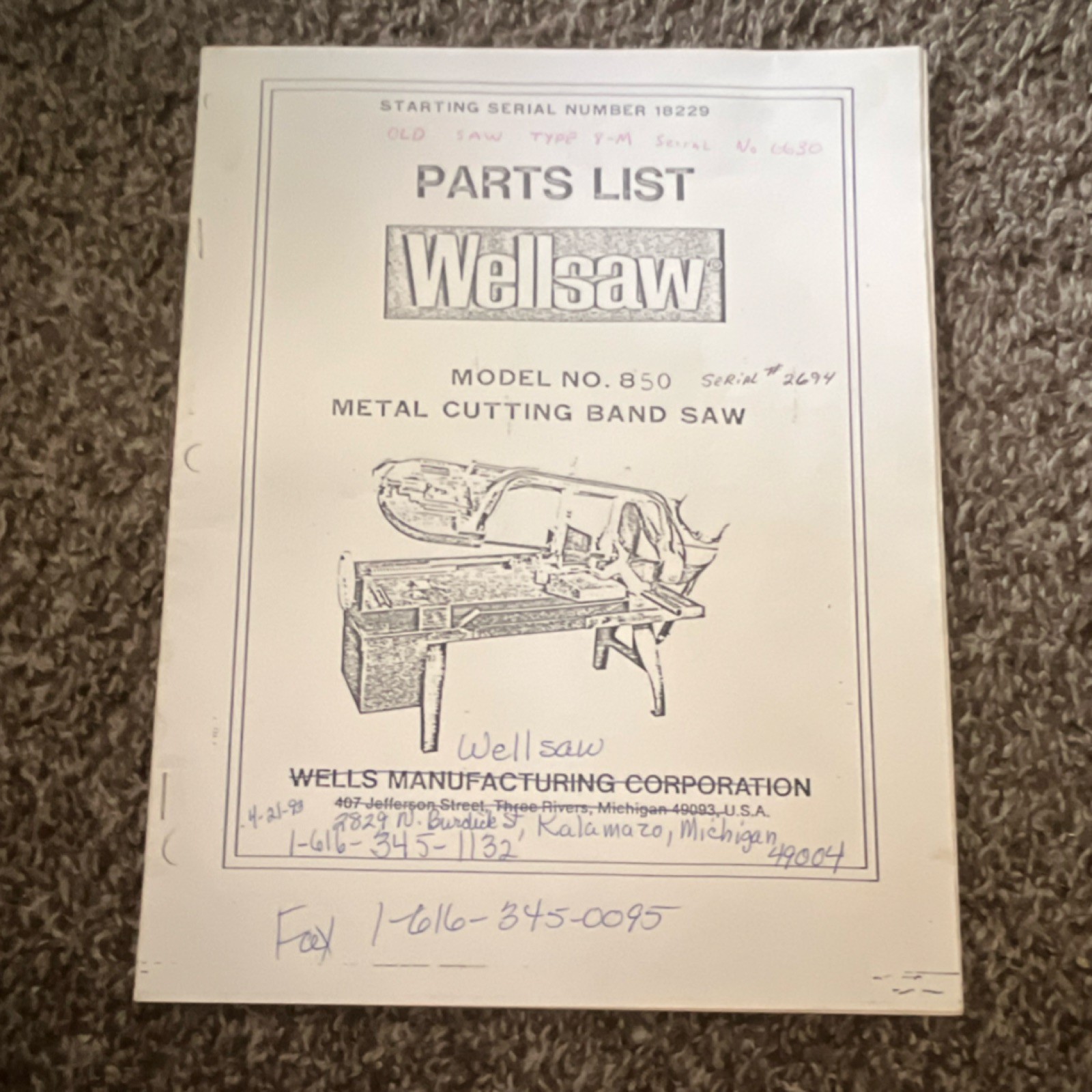 Wellsaw 850 Metal Cutting Band Saw Instruction Manual Parts & Safety Ops