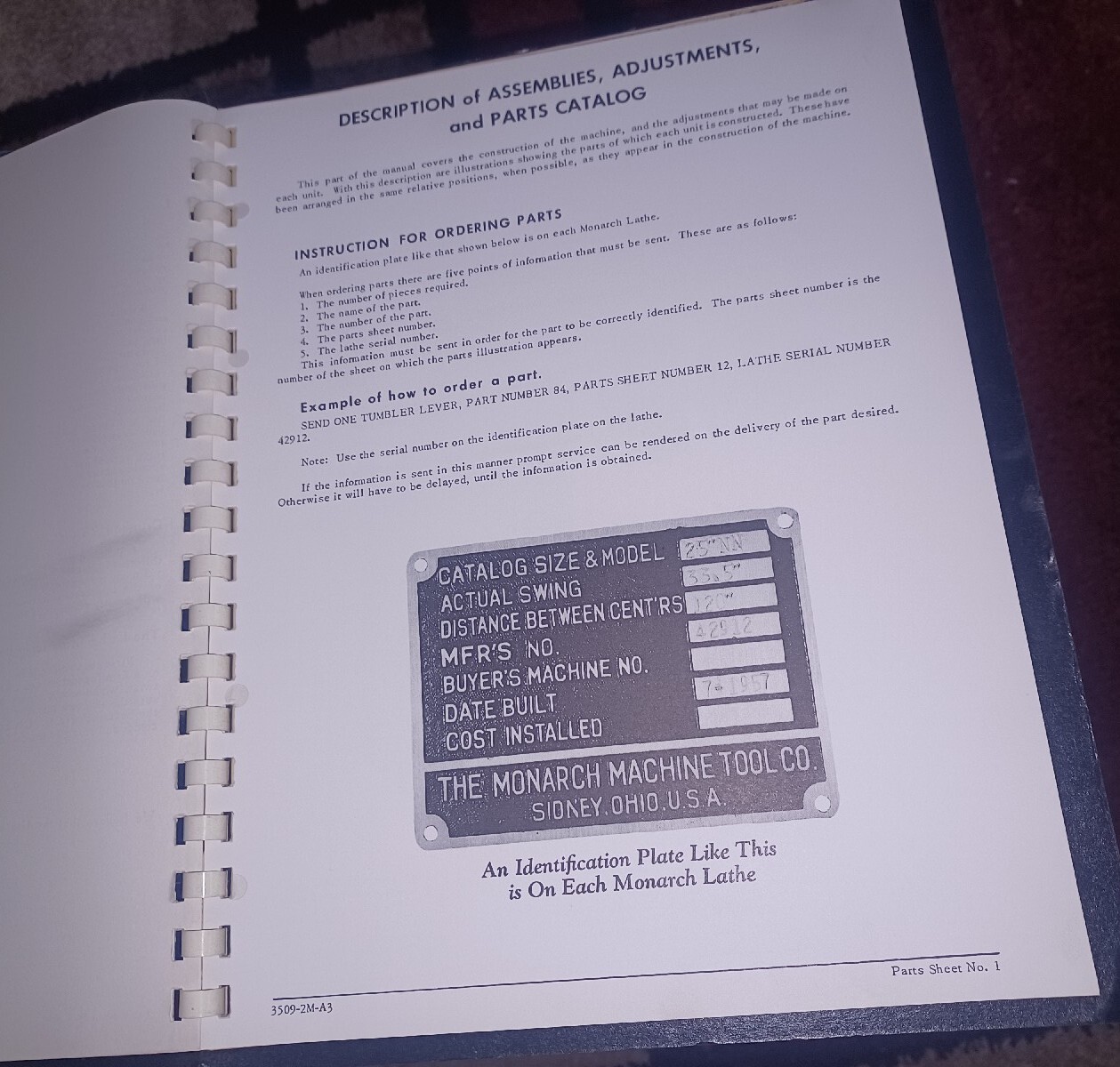 OPERATORS MANUAL FOR MONARCH LATHE NO N-37486 HANDBOOK INSTRUCTIONS PARTS BOOK