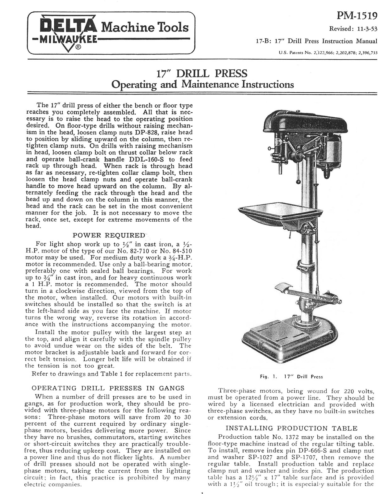 Delta Milwaukee 17″ Drill Press Operating and Parts List Manual *847