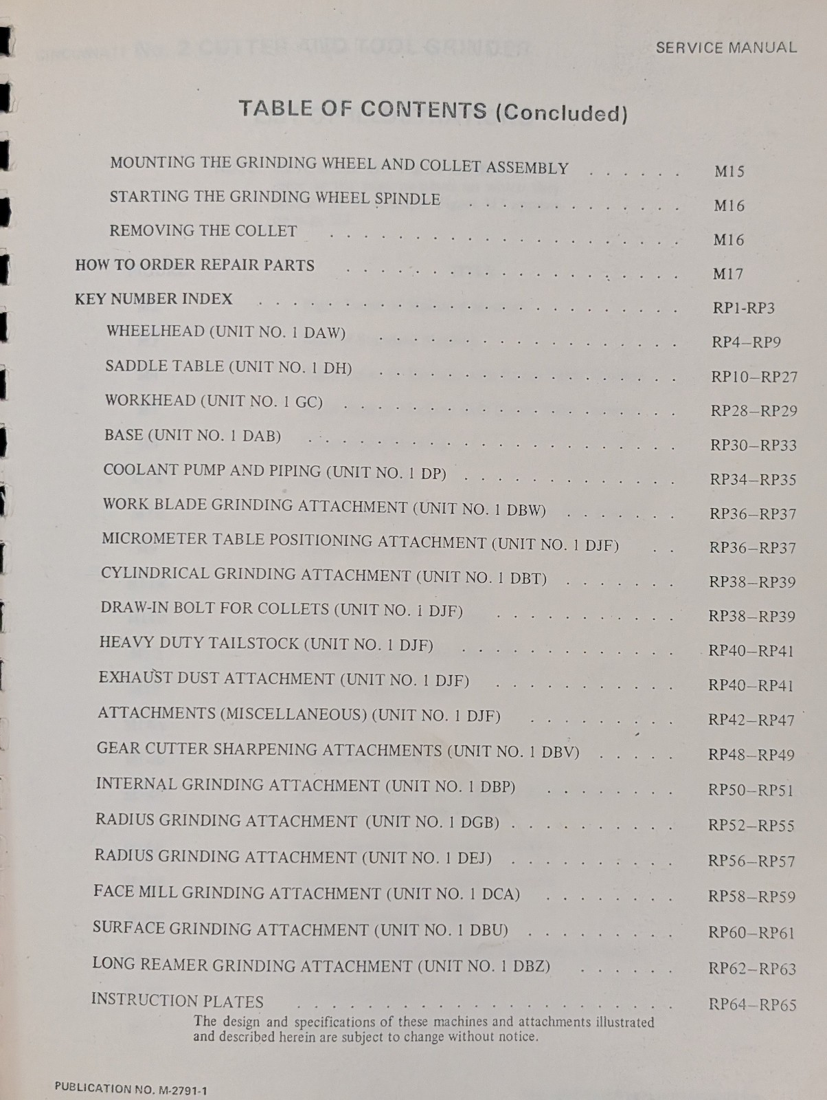 Cincinnati Milling Machine No.2 DO, Cutter & Grinder Service Manual & Parts List