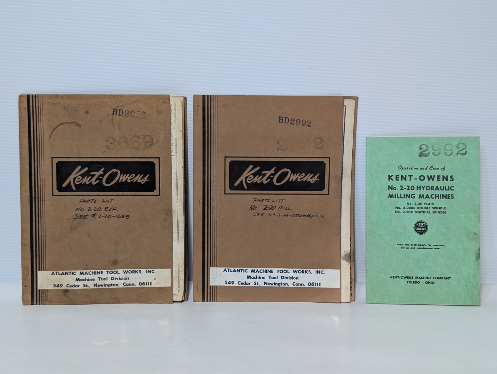 Kent-Owens No. 2-20 Hydraulic Milling Machine Manuals Set, Free USA Ship