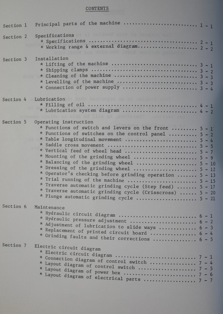 Okamoto PSG-52AN 820N Grinder Operations Maintenance and Wiring Manual 1985