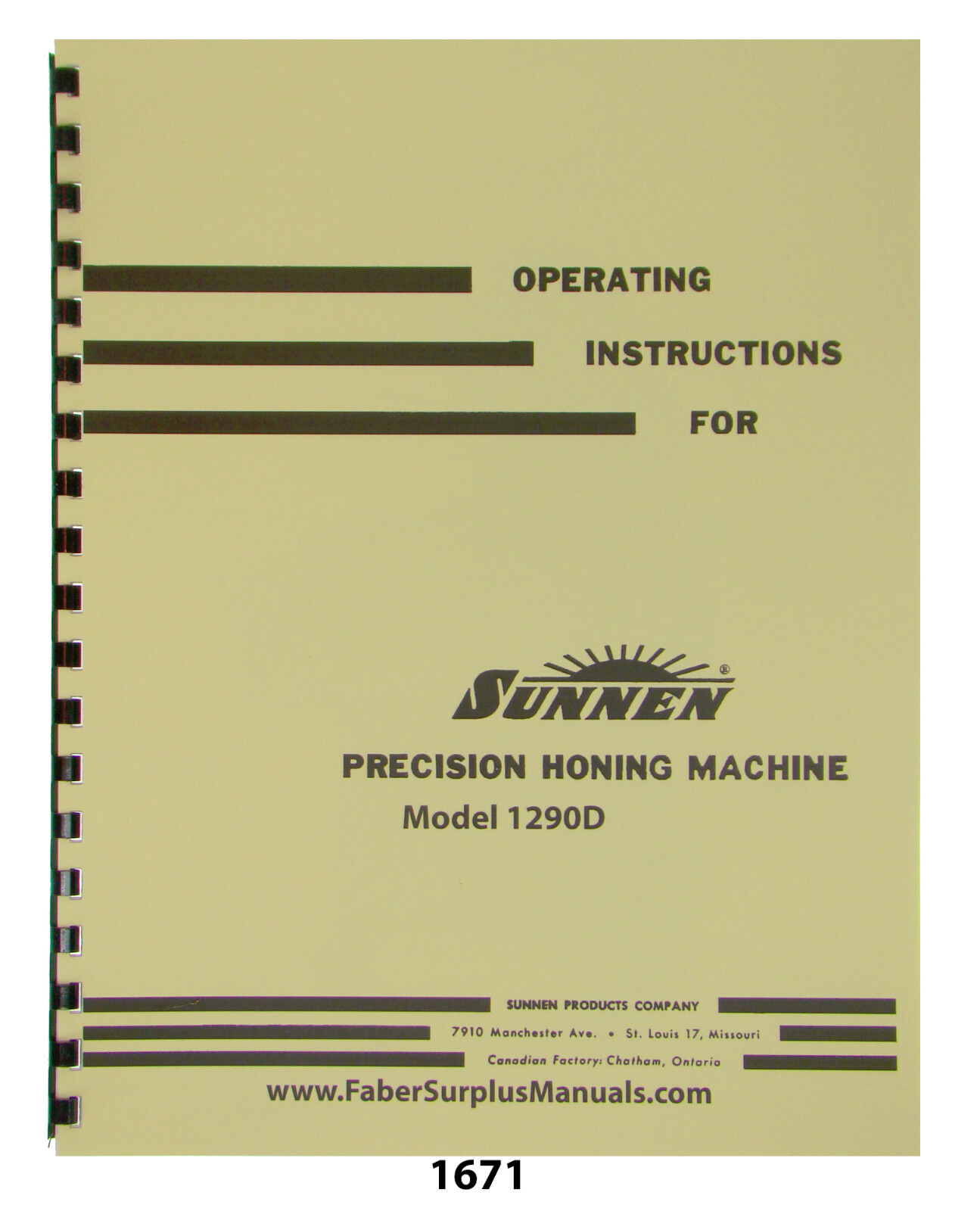 Sunnen MBB-1290D Precision Honing Machine Operating Instructions Manual #1671