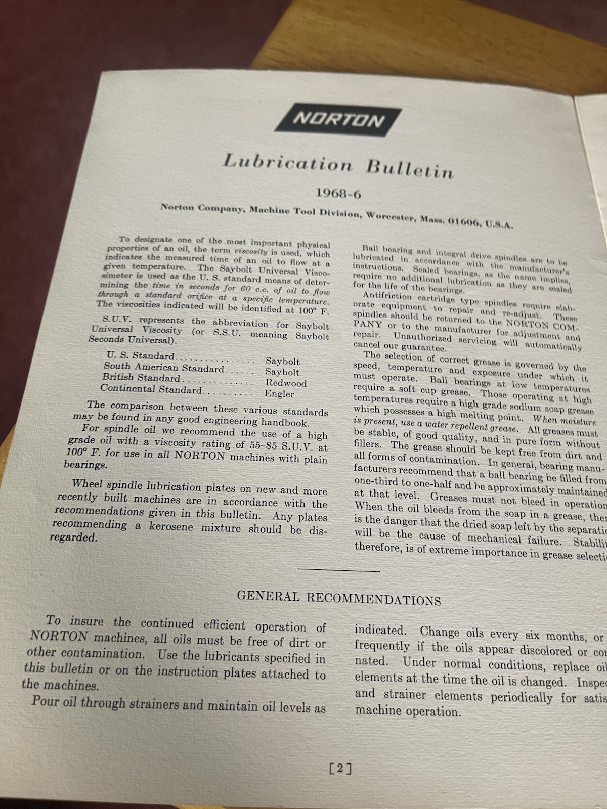 Norton Lubrication Bulletin for Norton Grinding and Lapping Machines