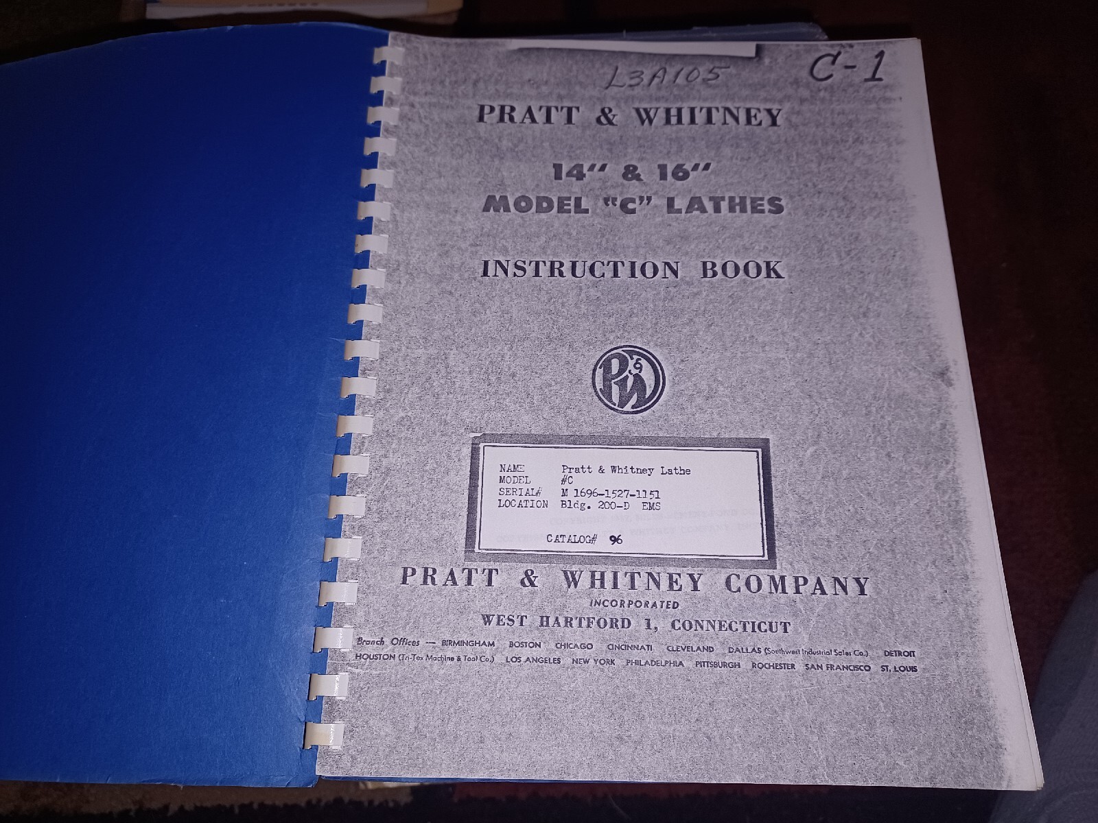 PRATT & WHITNEY Model C Lathe 14″ 16″ Instructions & Operator’s Manual Book