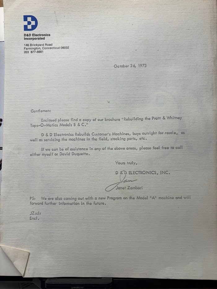 Pratt & Whitney Tape-o-matic Rebuild Manual Models B C D&D Electronics Inc 1973