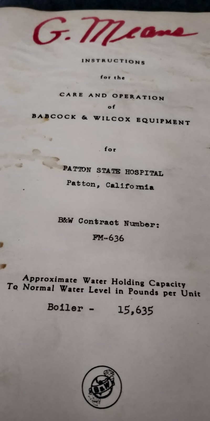 1957 Babcock & Wilcox OPERATING INSTRUCTIONS parts lists PATTON STATE HOSPITAL
