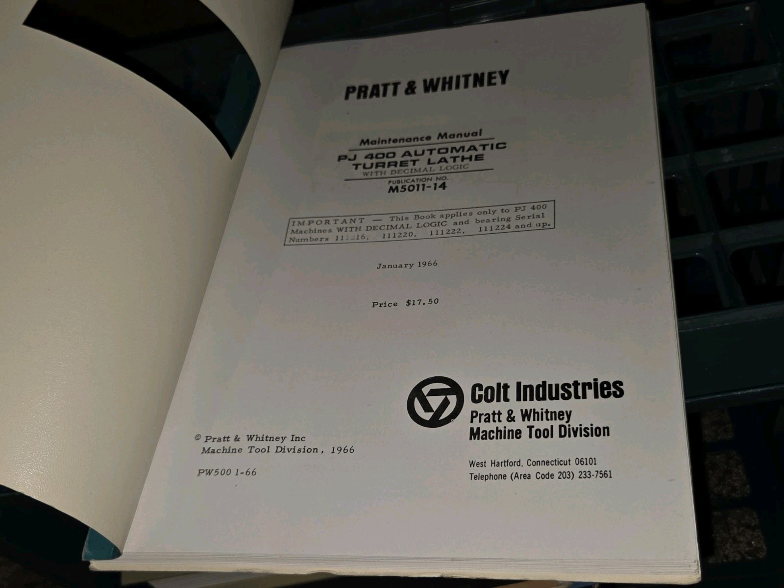 VTG Colt Pratt Whitney Maintenance Manual PJ 400 Turret Lathe M5011-14 Tool Book