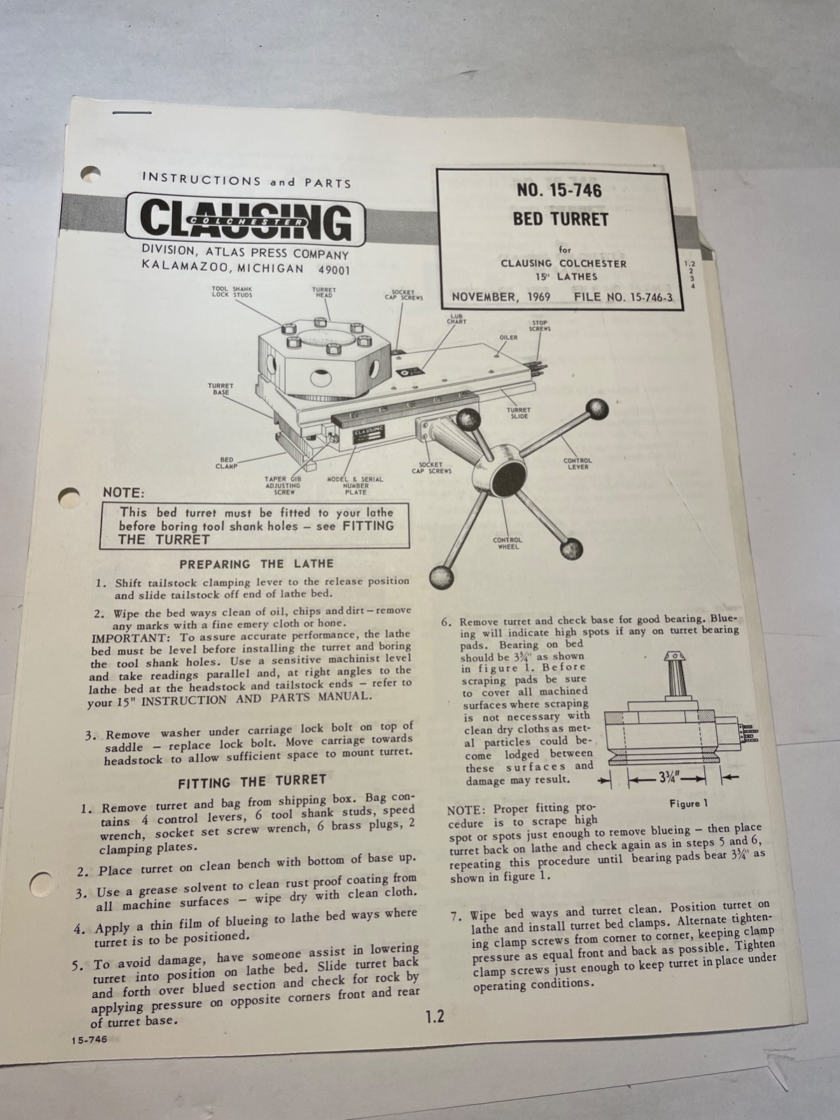 Clausing No. 15-746 Instructions & Parts Bed Turret for Colchester 15″ Lathes