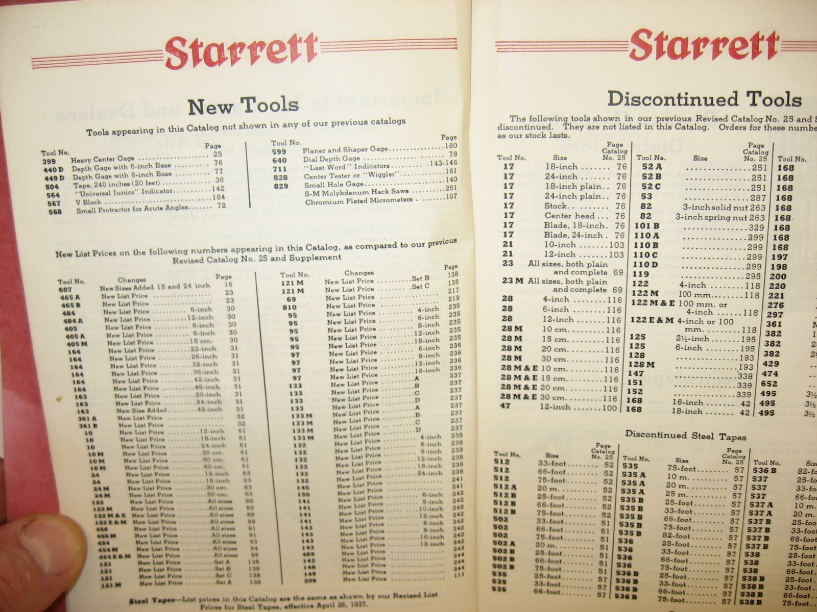 1938 Starrett Precision Tools, Tapes, Dial Indicators, Hack Saws+, Catalog No 26