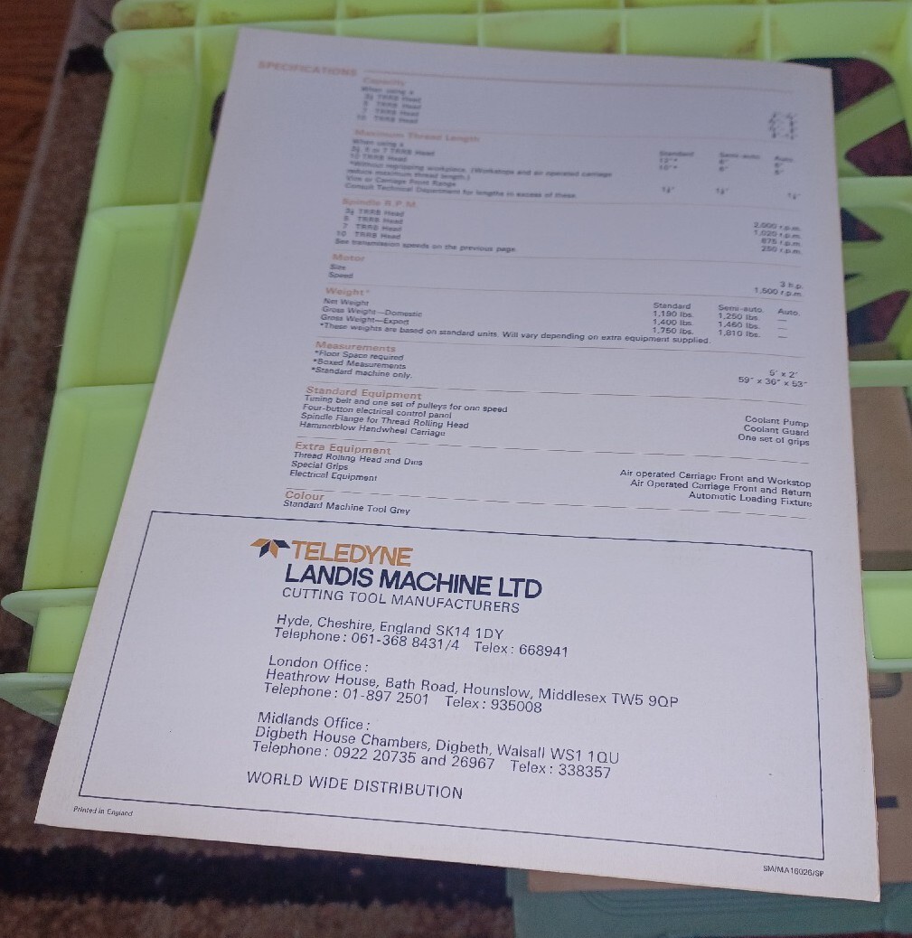 LANDIS THREADING TOOLS MODEL 10 TRM THREAD ROLLING MACHINES CATALOG Teledyne