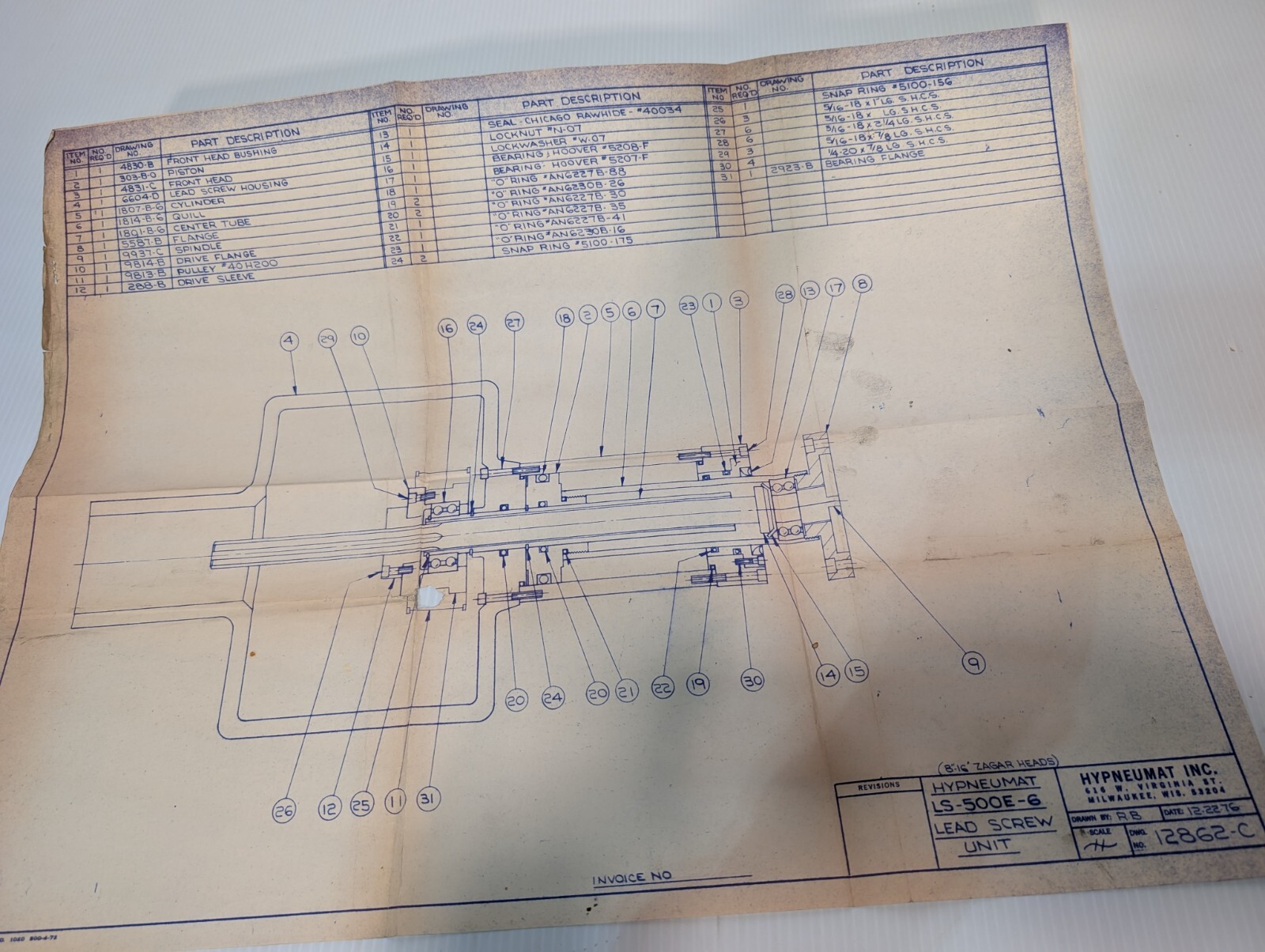 Hypneumat M-0737 Drilling & Tapping Machine Materials, Parts List, Instructions