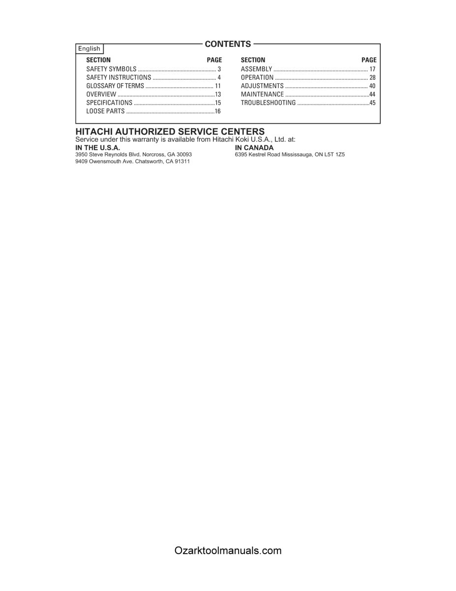 Hitachi C10RJ 10″ Contractor Table Saw Instruction Service Parts Manual 1738