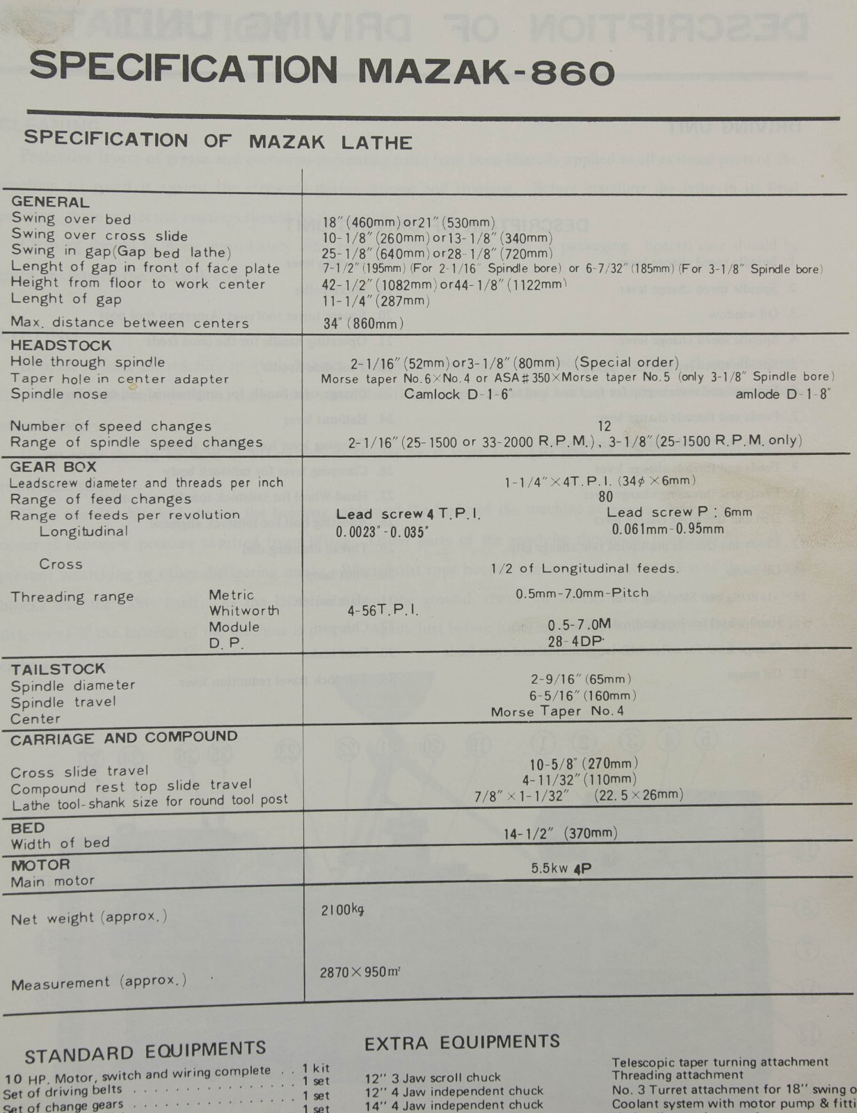 Mazak Yamazaki 18″ , 21″ and 860 Lathe, Operations and Parts Diagram Manual PLUS