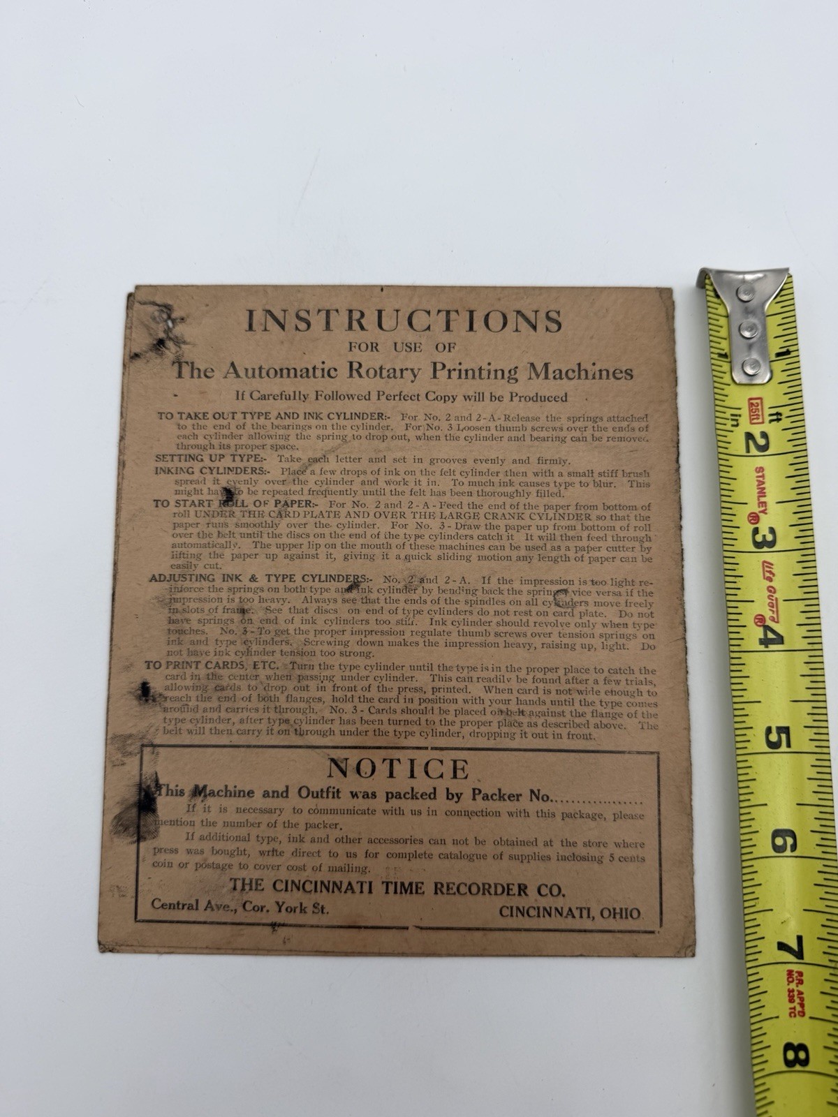 Cincinnati Time Recorder No 6A Rotary Printing Press Instructions Price List