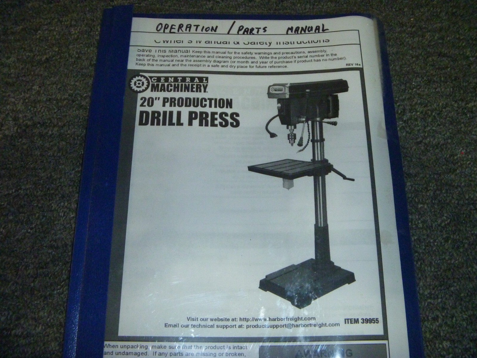 Central Machinery 20″ Production Drill Press Parts Catalog & Operator Manual