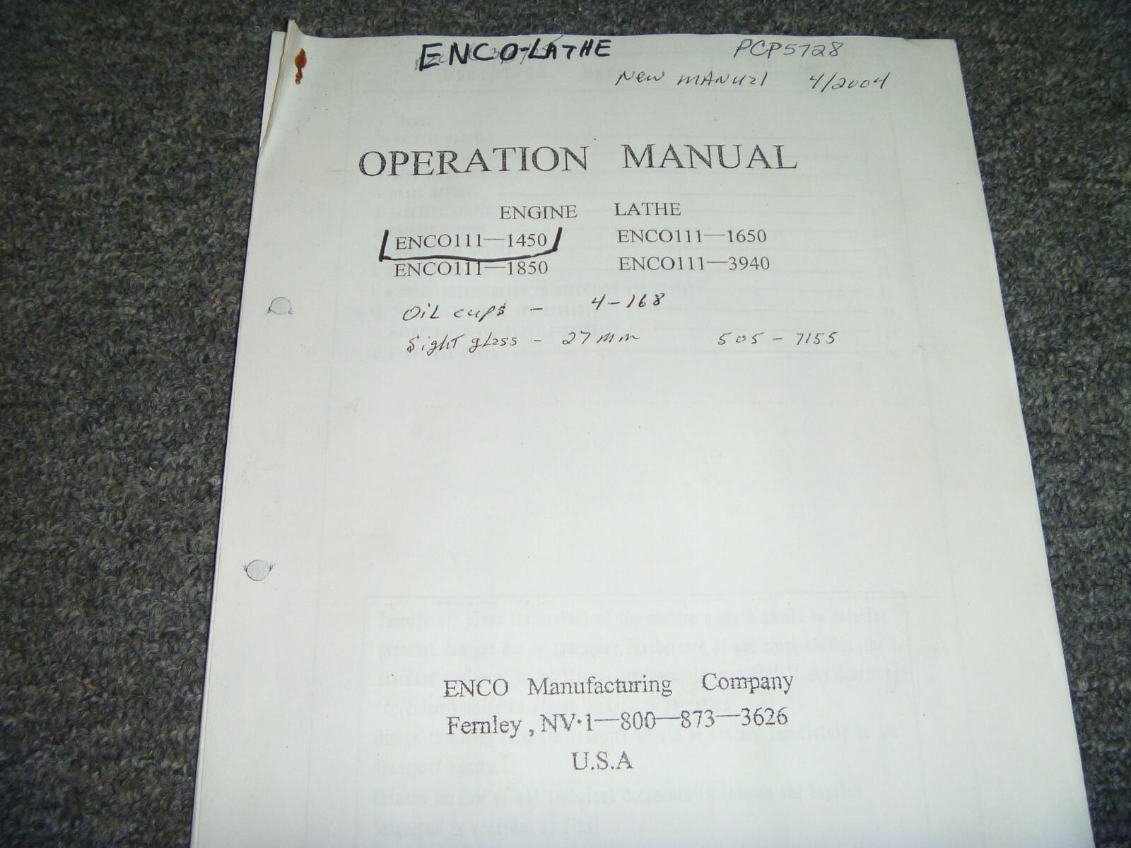 Enco Lathe ENCO111-1450 & ENCO111-1850 Engine Lathe Owner Operator Manual