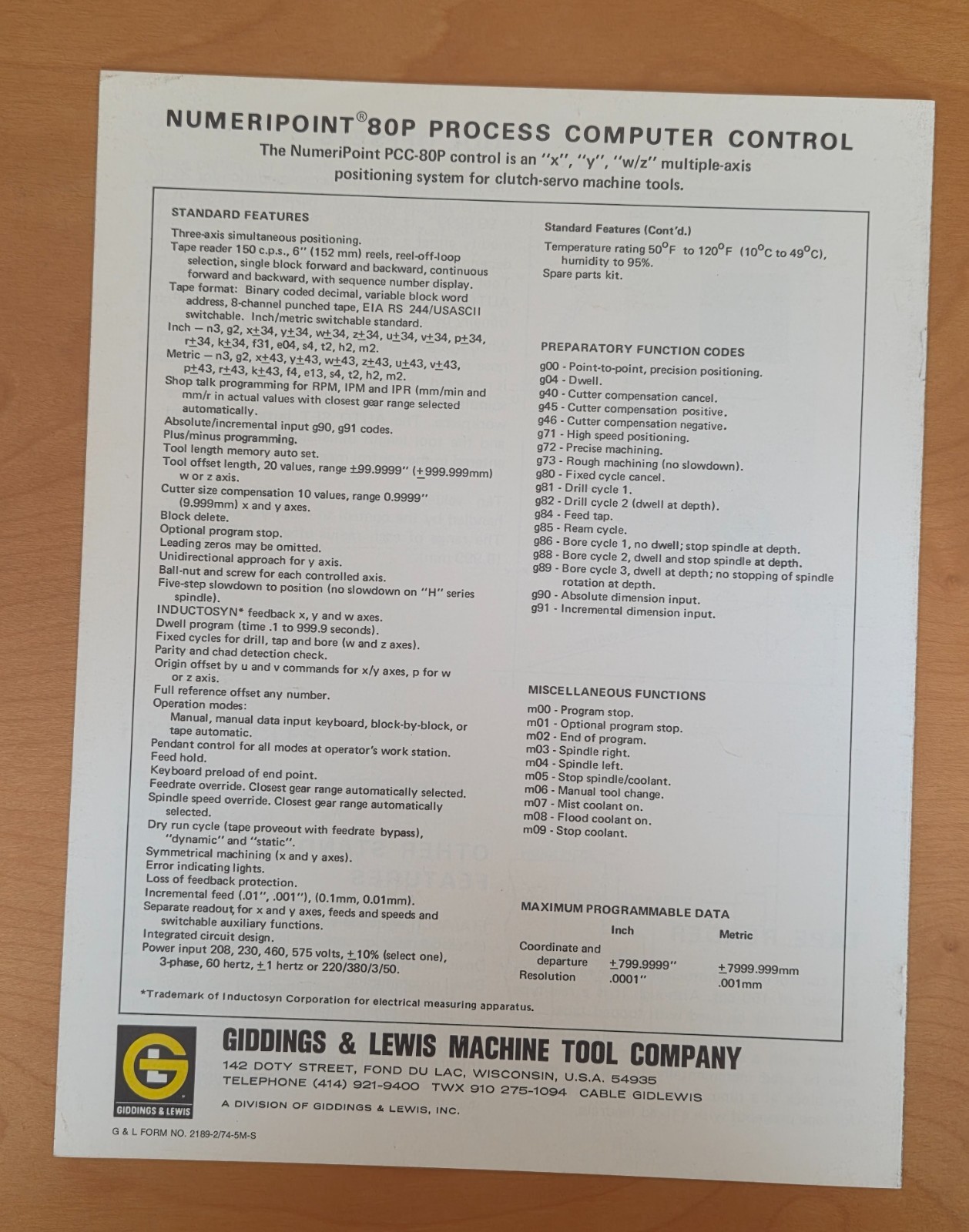 GIDDDINGS & LEWIS NumeriPoint 80-P Process Computer Control Catalog 1974
