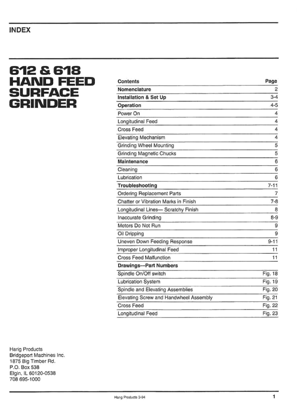Operator Maintenance Manual Fits Harig 612, 618 Hand Feed Surface Grinder