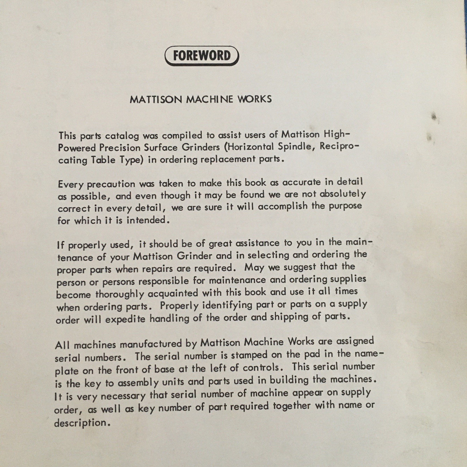 Mattison Surface Grinder Metalworking Parts And Maintenance Book OEM Vintage