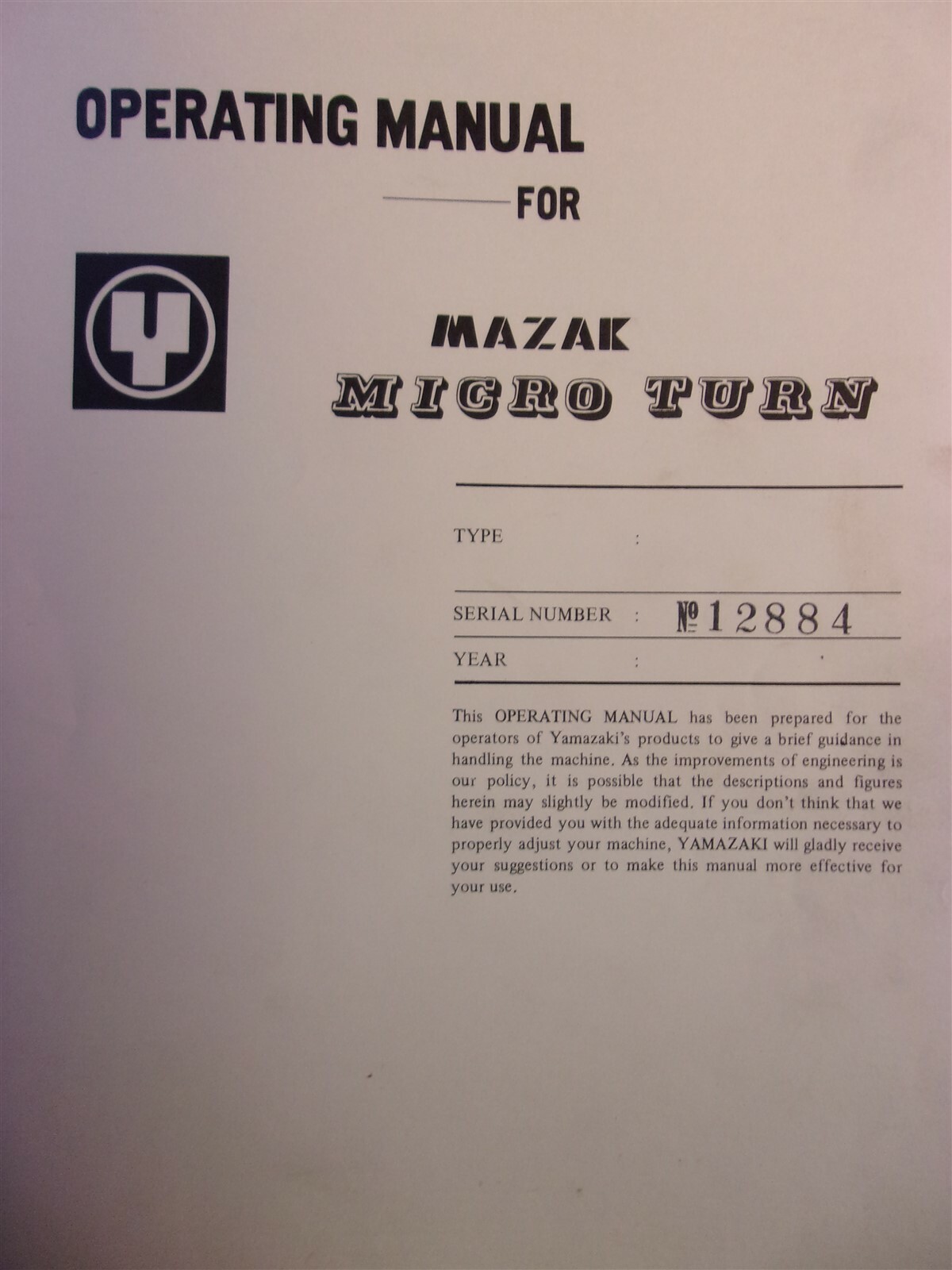 Yamazaki Mazak Micro Tern Operating & Tooling Manual 12884 1979 *FREE SHIPPING*