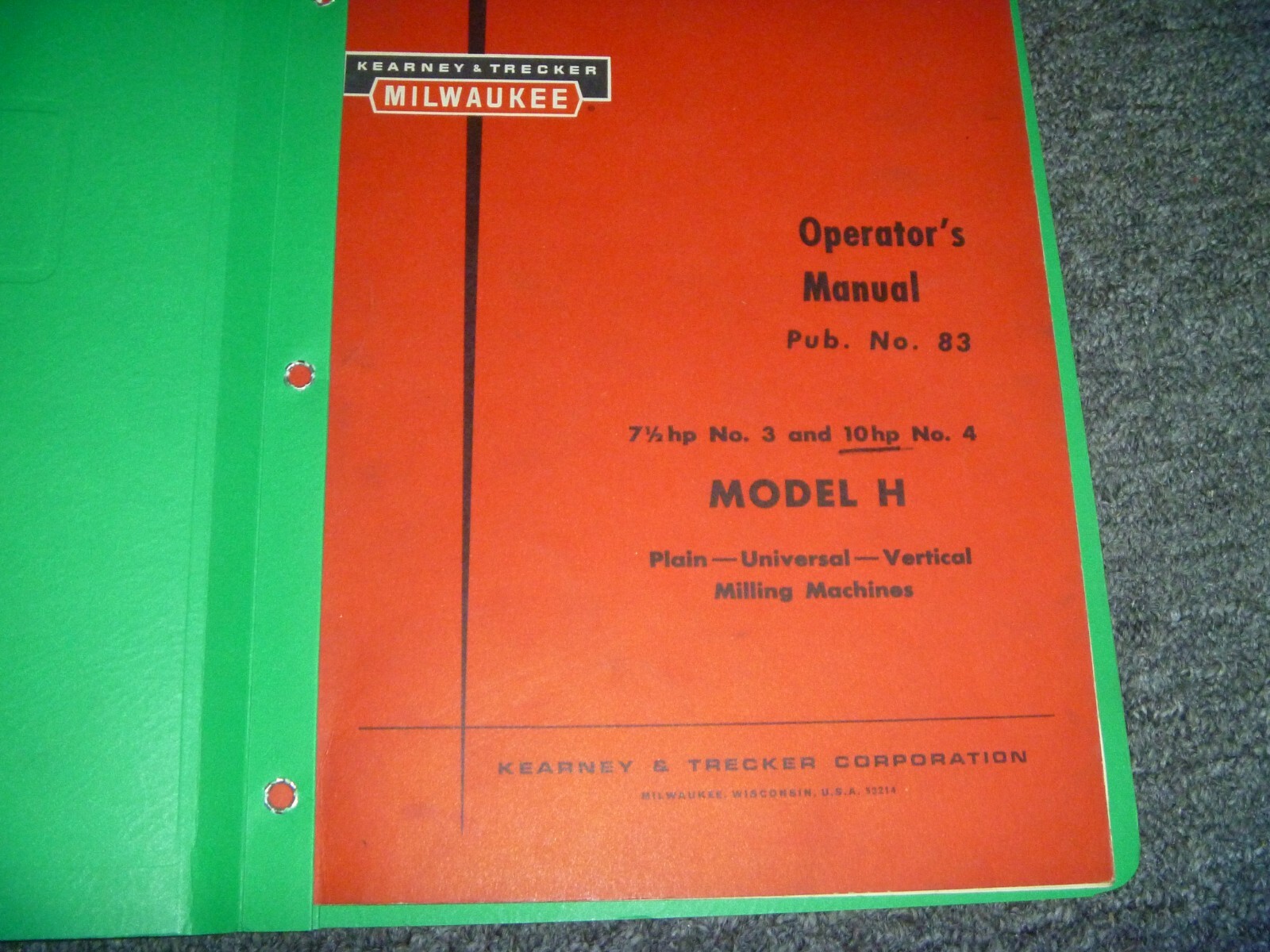 Kearney & Trecker 3H & 4H Milling Machine Owner Operator Manual Pub No. 83