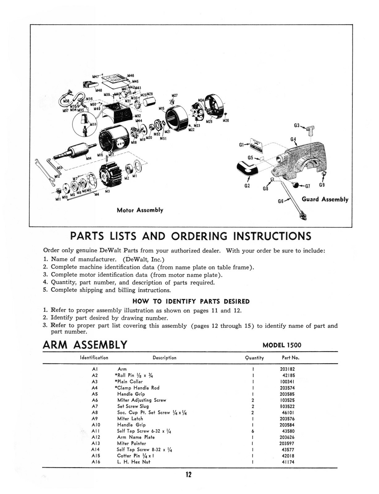 Dewalt Model 1500 Radial Arm Saw Instruction, Maintenance & Parts Manual #1188