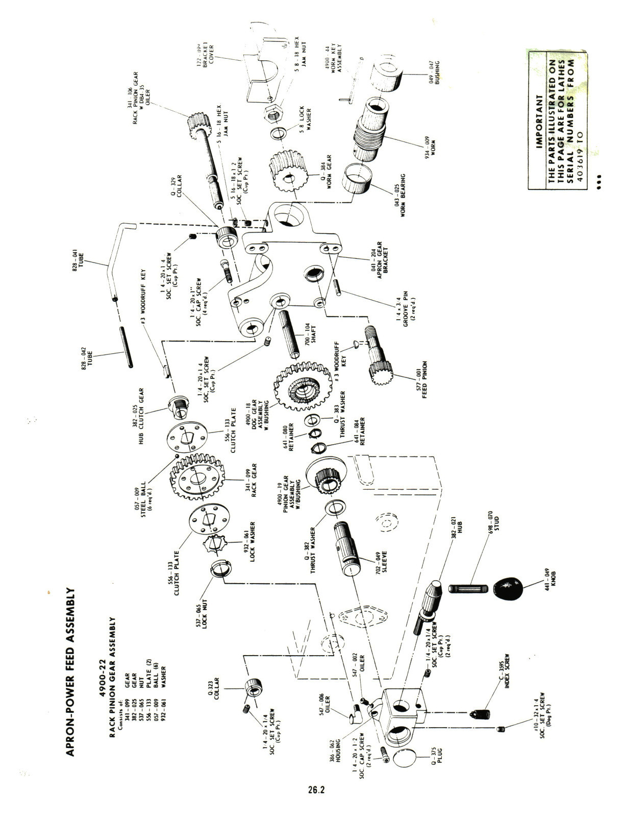 Clausing 10″ Lathe 4900 Series S/N: 403934-405509 Op and Parts List Manual #1462