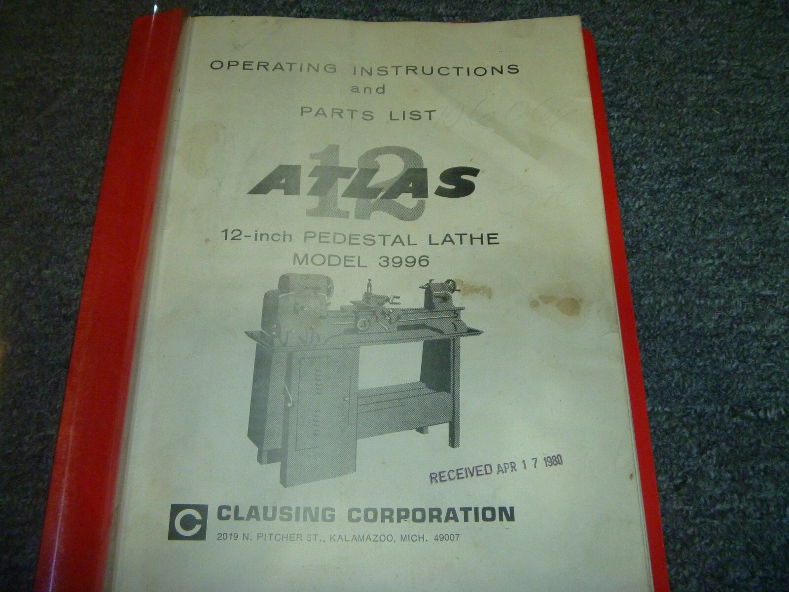 Clausing 3996 Atlas Pedestal Lathe 12-Inch Parts Catalog & Owner Operator Manual