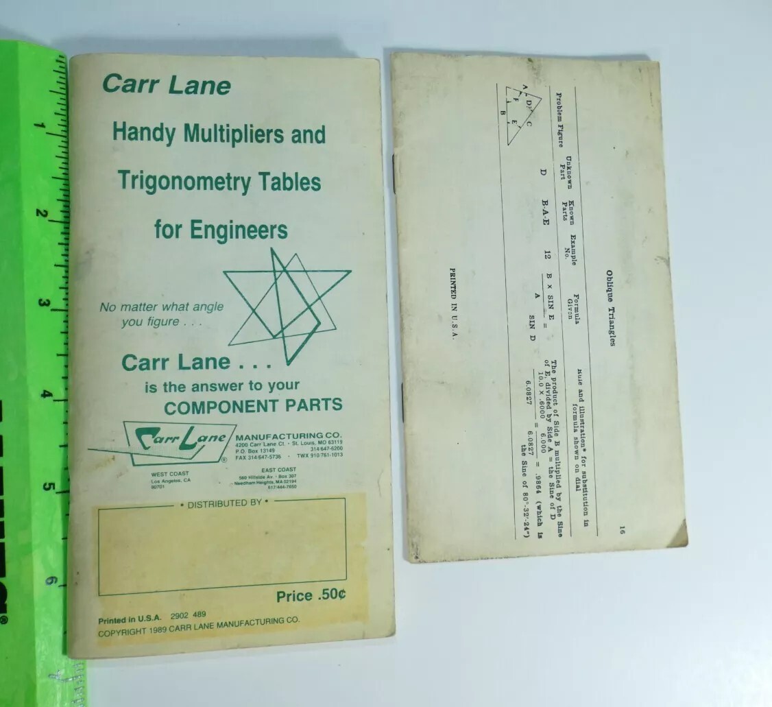 Carr Lane Handy Multipliers & Trigonometry Tables For Engineers 1989 + Bonus