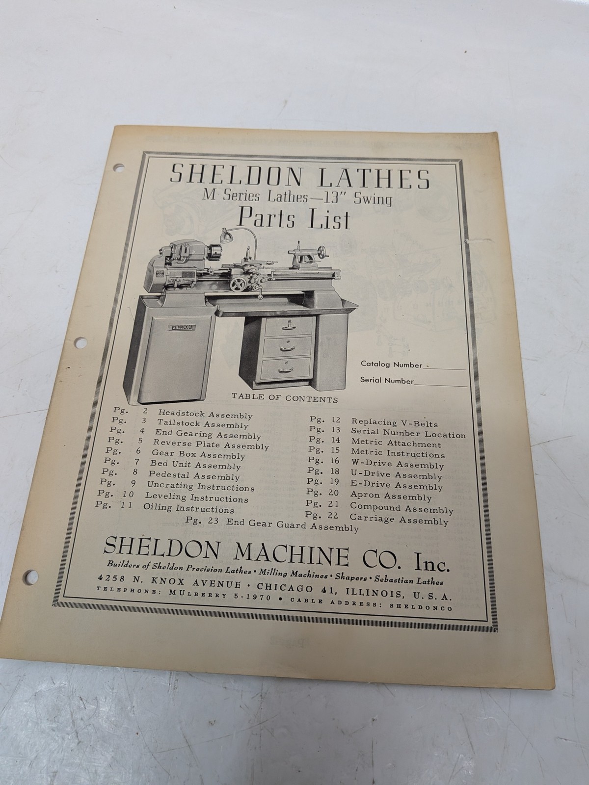 Sheldon M Series 13in Swing Lathe Parts List Manual Catalog As Shown