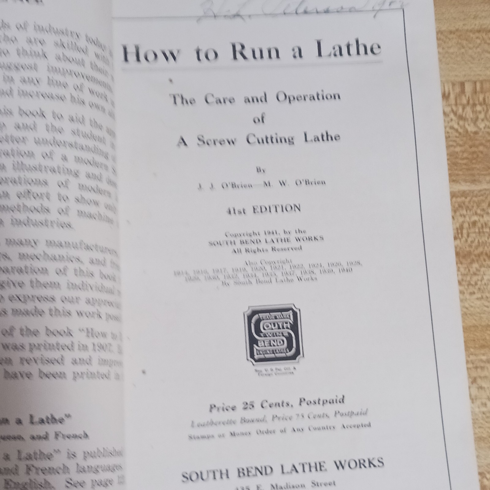 1941 How to Run a Screw Cutting Lathe Care and Operation 41st Edition South Bend