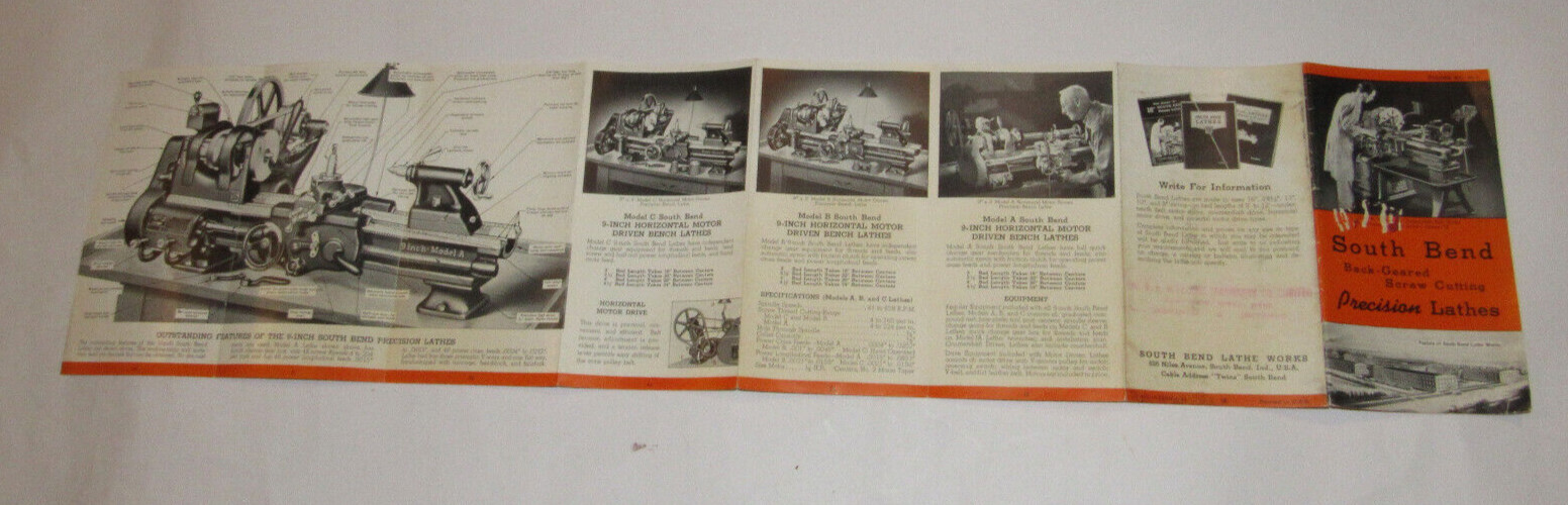 VTG 1941 SOUTH BEND LATHE ADVERTISING FOLDOUT BROCHURE! B&W PICS! MODELS A,B,C,S