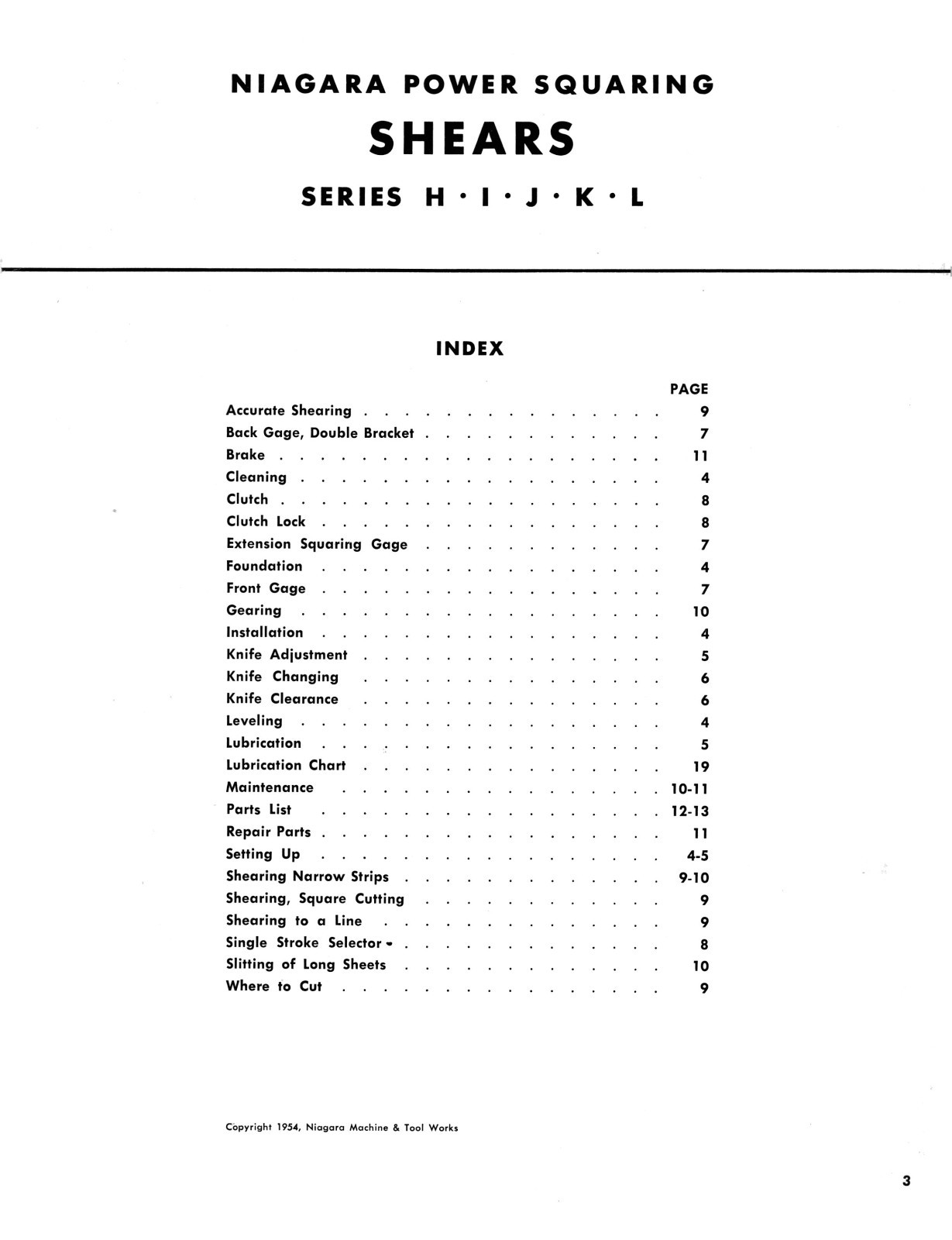 Niagara Power Squaring Shears Model H, I, J, K, & L Service & Parts Manual #139