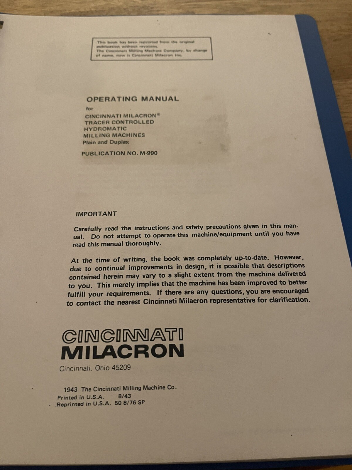 CINCINNATI MILACRON Manual for Tracer Controlled Hydromatic Milling Machine