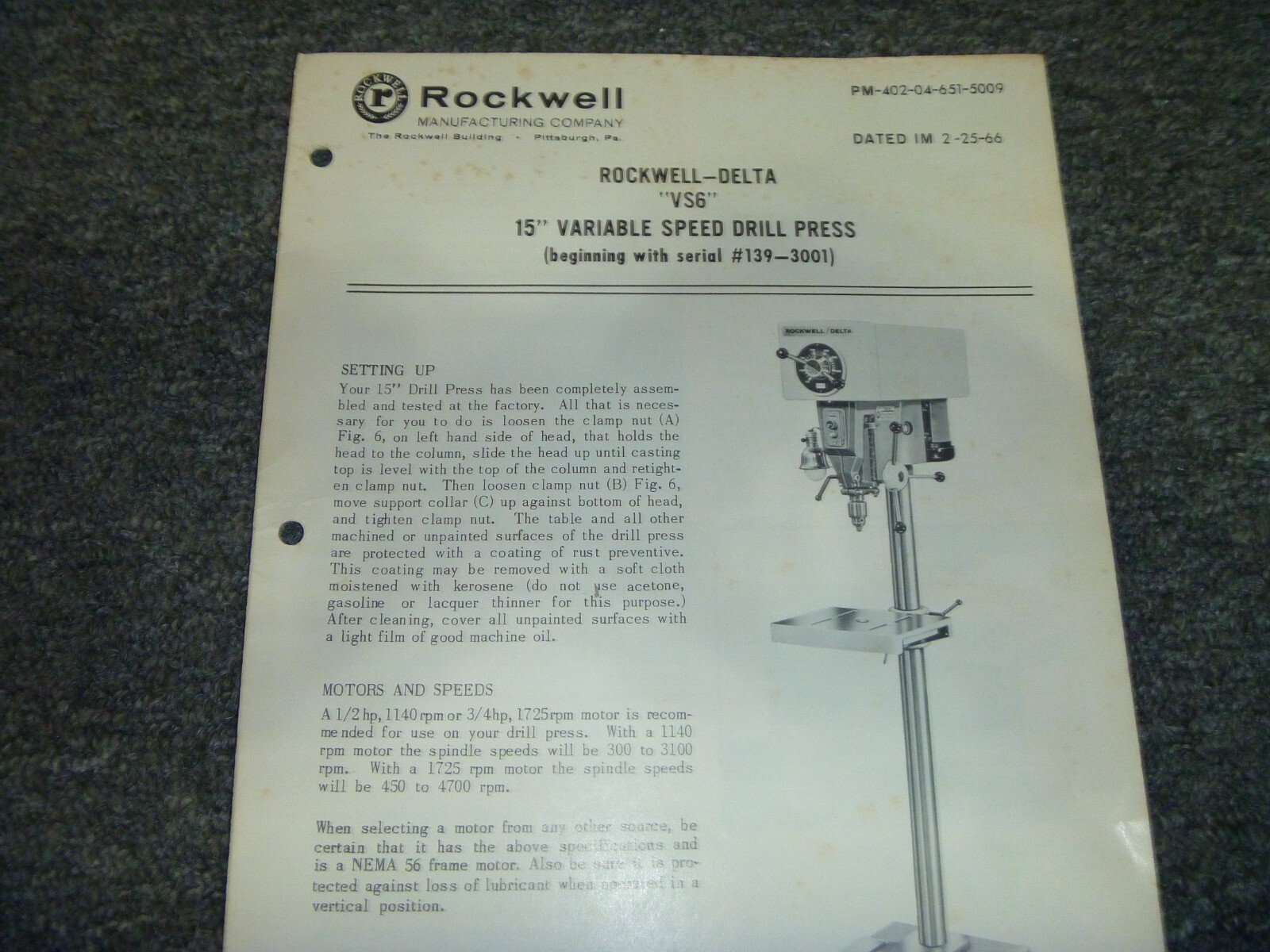Rockwell-Delta VS6 VS Drill Press 15″ Owner Operator Manual S/N 139-3001-Up