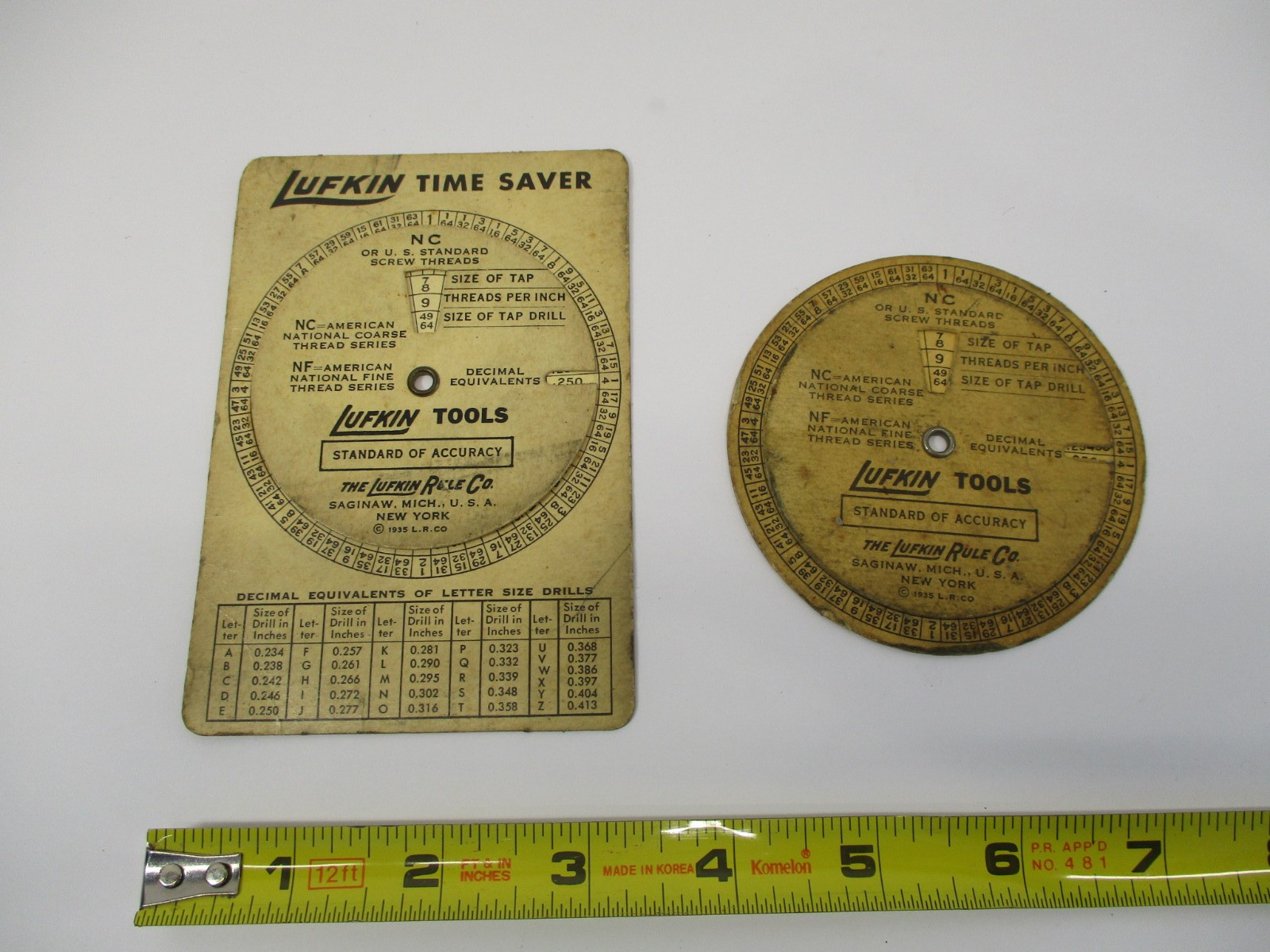 (2) Lufkin TIME SAVER Tap Thread Drill & Decimal Equivalents Calculator 1935 VGC