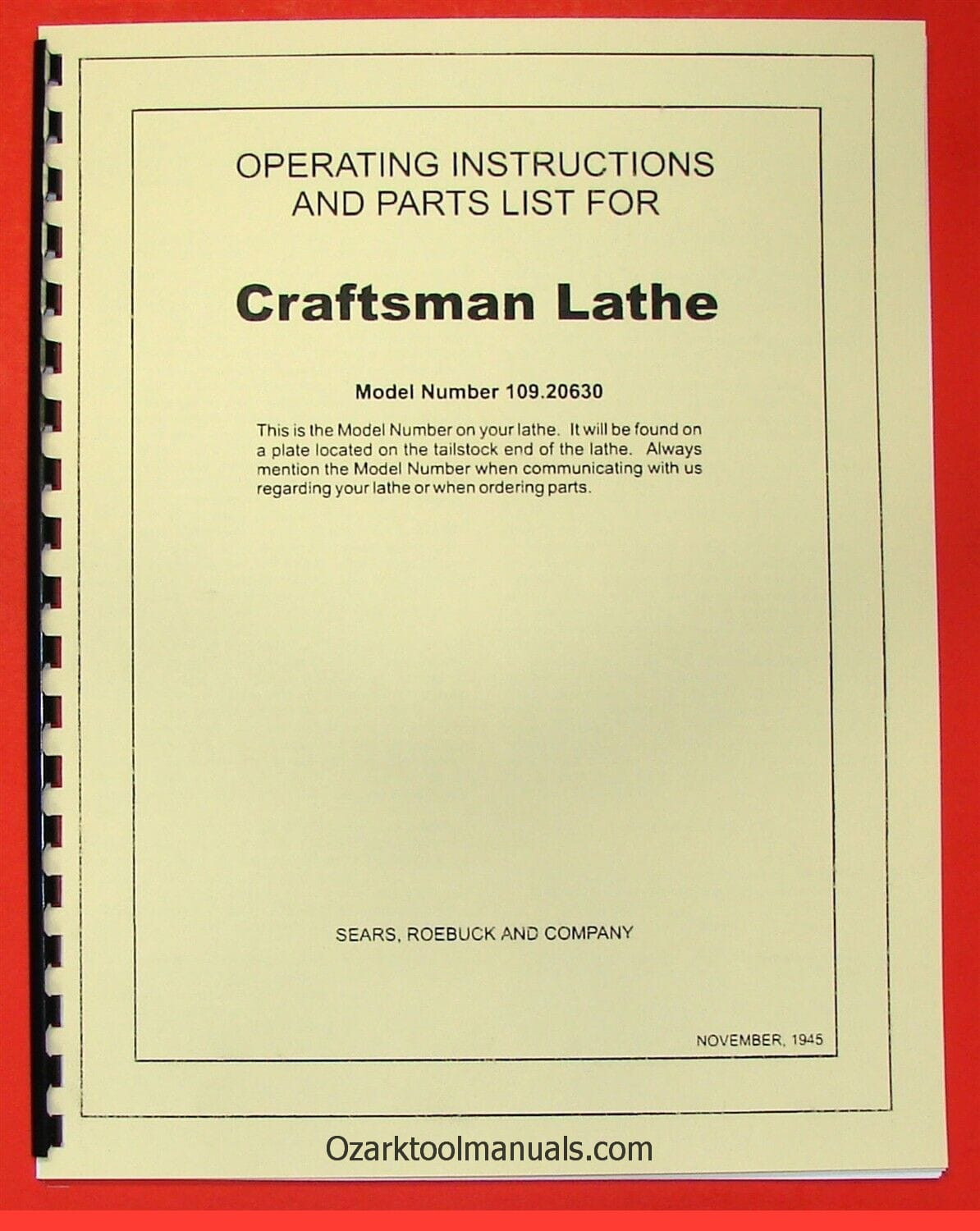 CRAFTSMAN-Dunlap 6″ Metal Lathe 109.20630 Instructions & Parts Manual 0192
