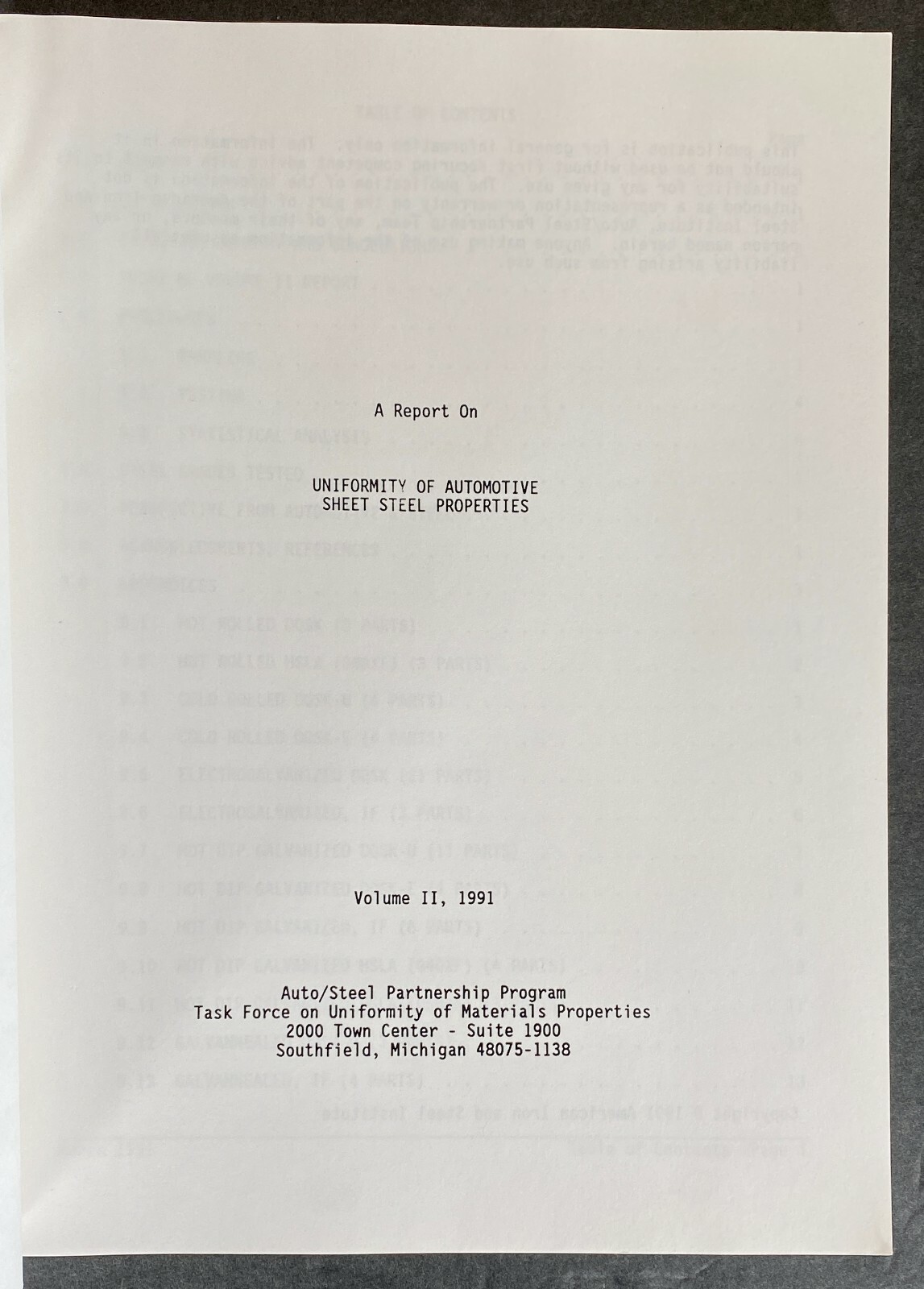 UNIFORMITY OF AUTOMOTIVE SHEET STEEL PROPERTIES Vol. 2 1991 Auto/Steel Partnersh