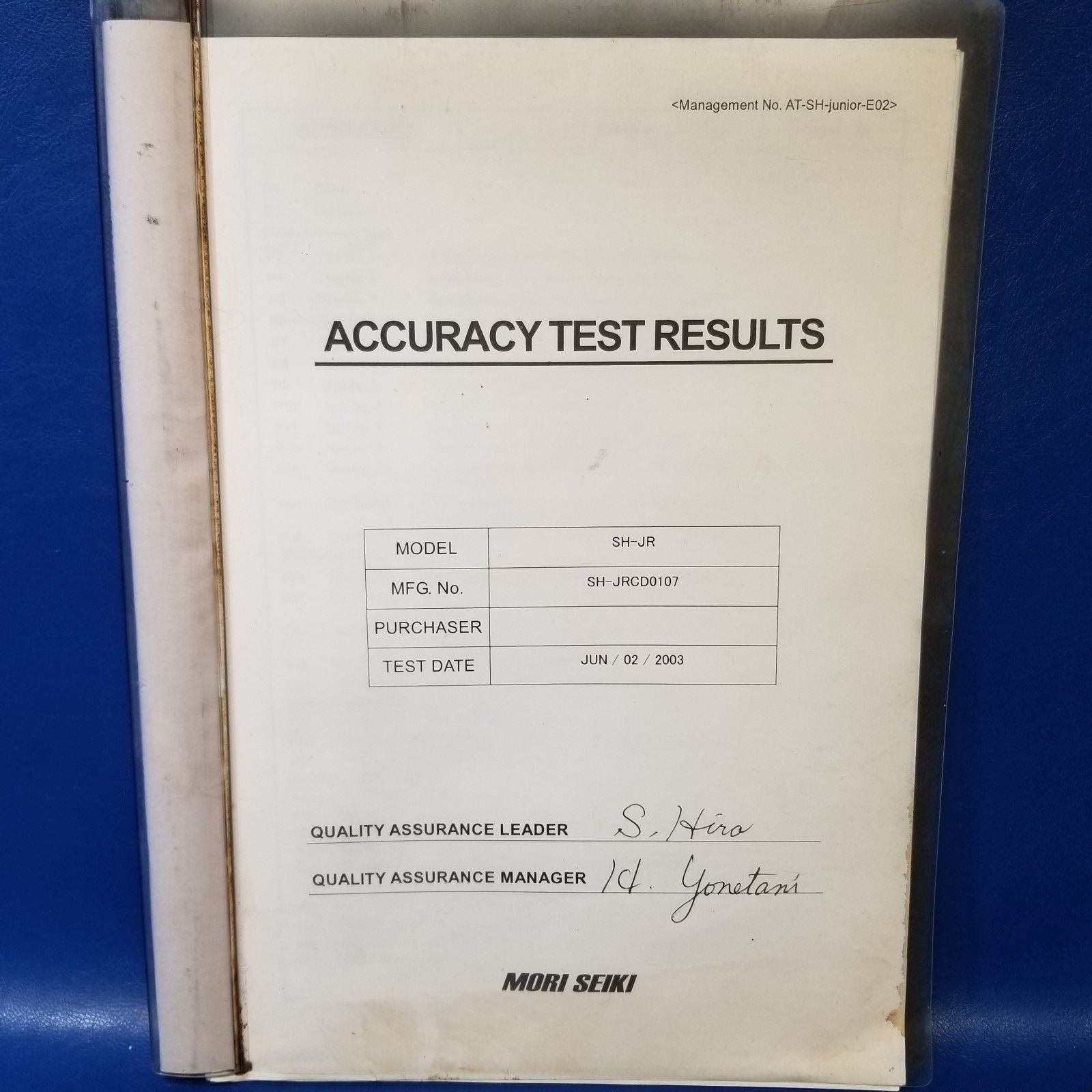 Mori Seiki SH-JR Accuracy Test Results Manual Model SH-JRCD0107 2003 Full Conten