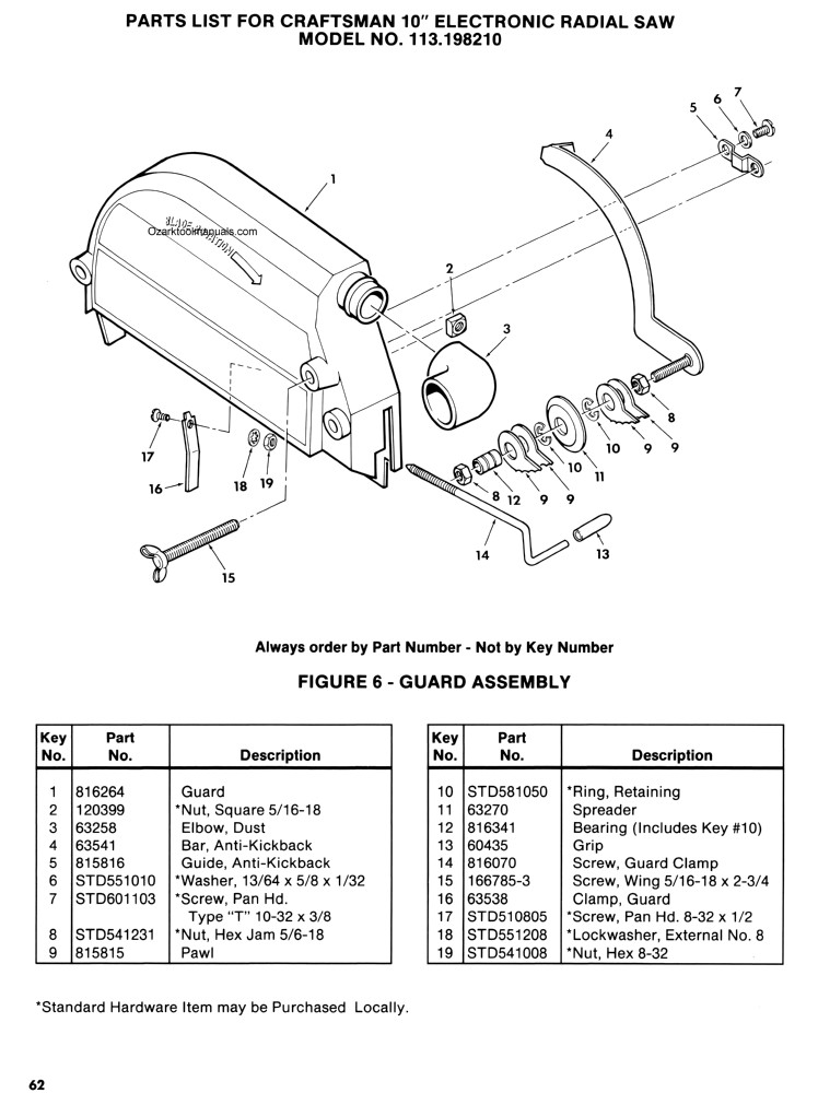 CRAFTSMAN 113.198210 Electronic Radial Arm Saw Instructions & Parts Manual 1412