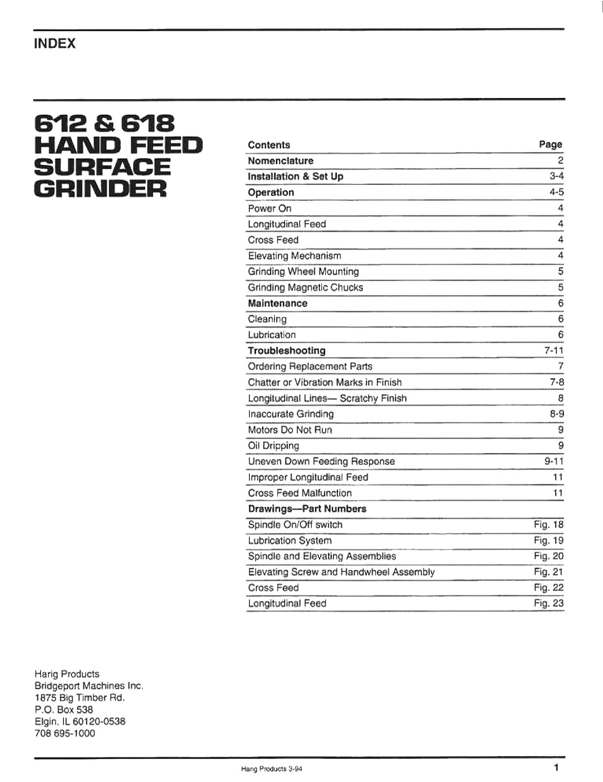 Harig 612 & 618 Hand Feed Surface Grinder Operator, Maint, & Parts Manual #1493