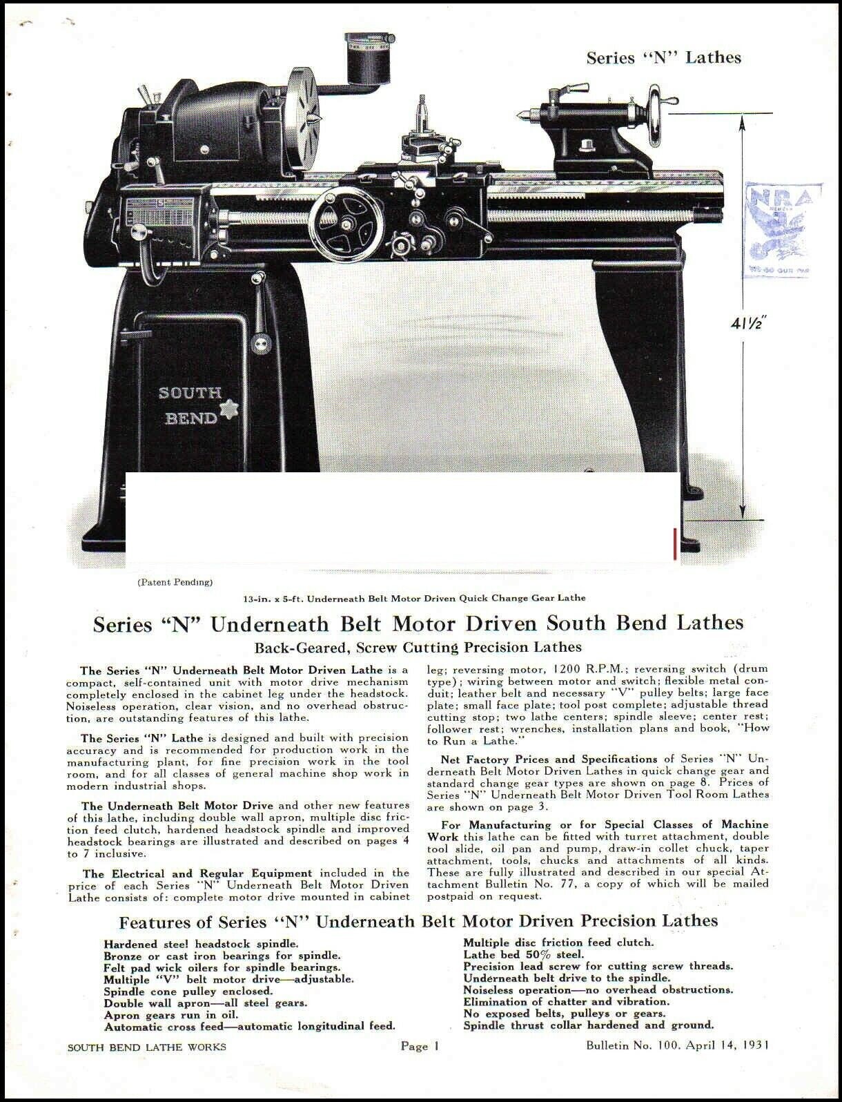 Lathe Manual South Bend No. 100 – Underneath Belt Motor Driven Series N 1931