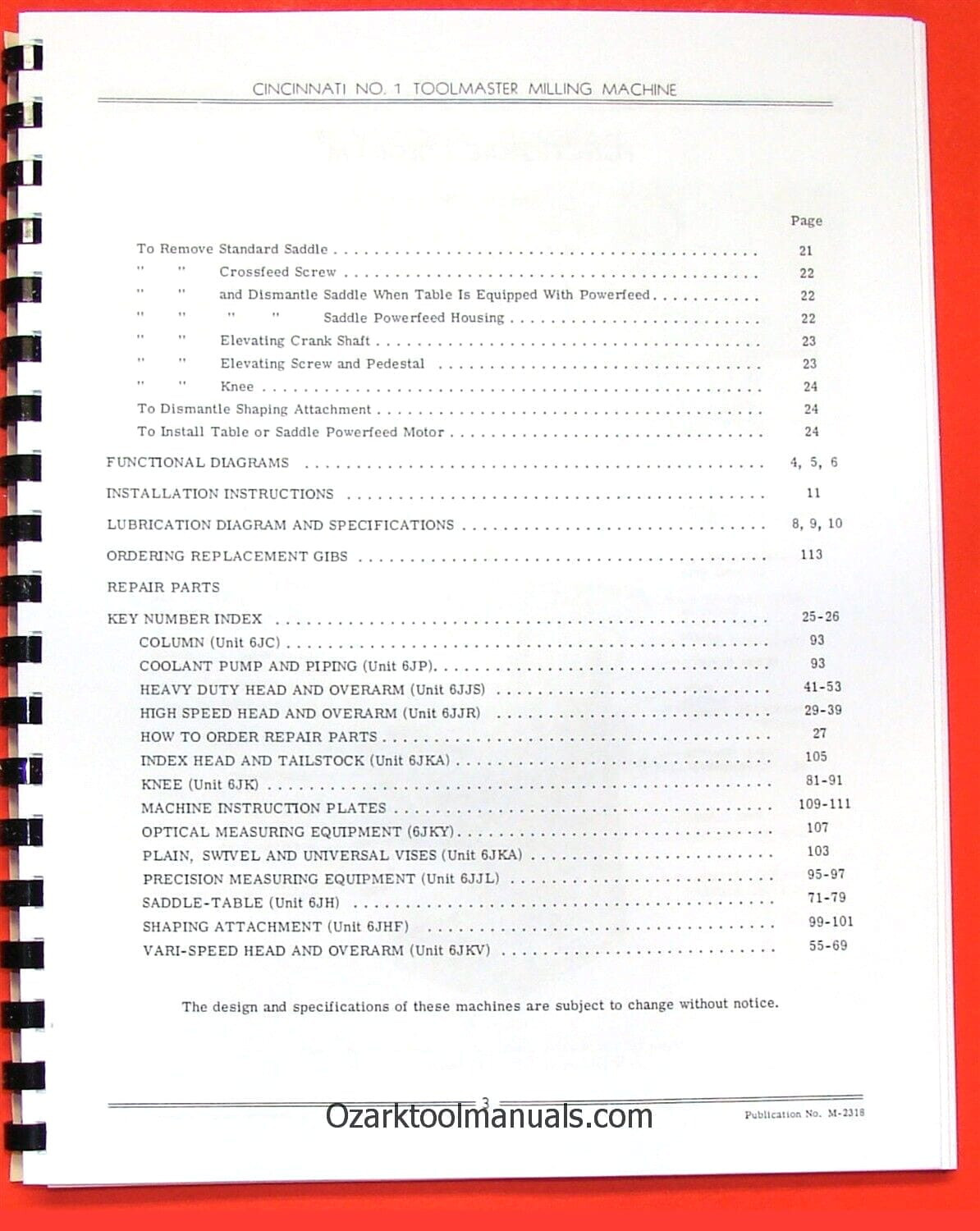 CINCINNATI Toolmaster Milling Machines 1B, 1C, 1D, 1E, H-V Service Manual 0127