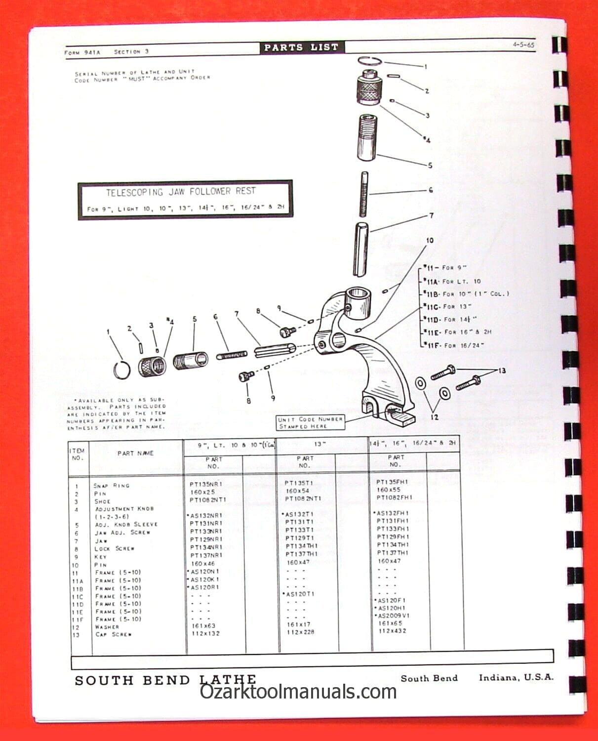 SOUTH BEND 10″ 13″ 14.5″ 16″ & 16/24″ Metal Lathe ACCESSORIES Parts Manual 0676