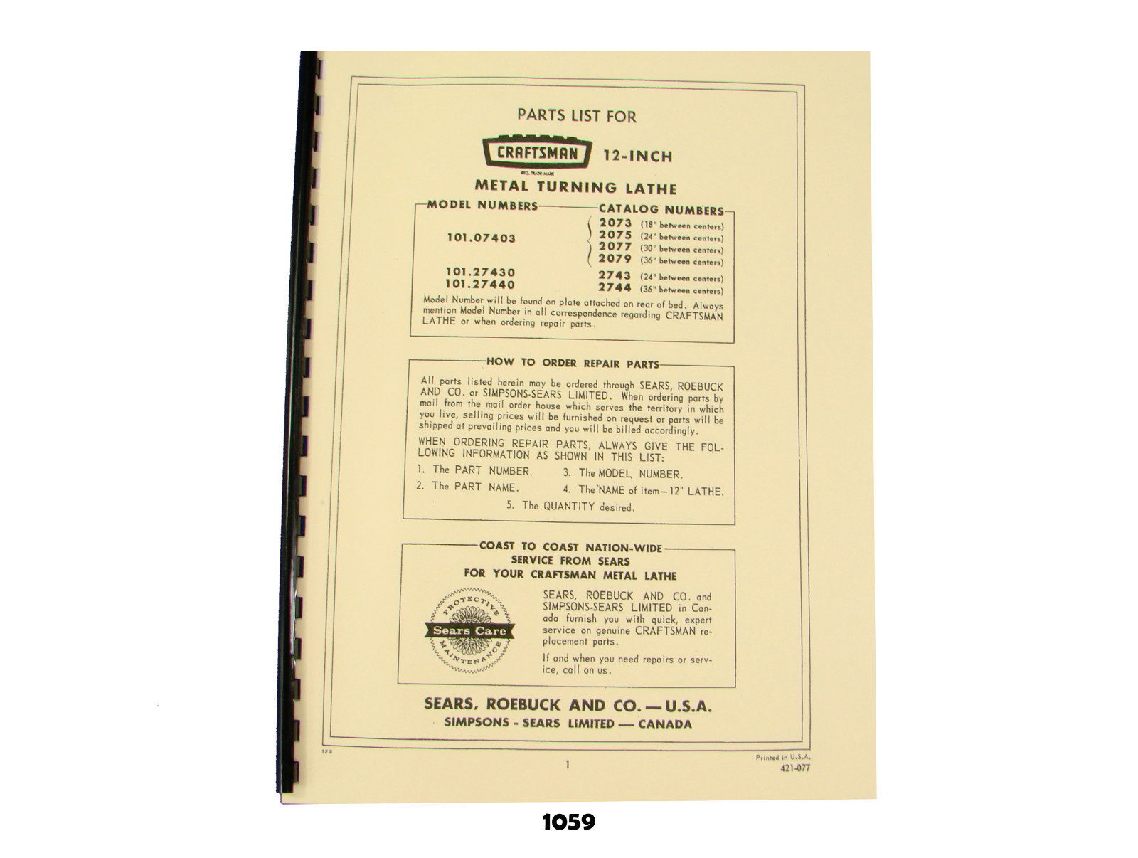 Sears Craftsman 12″ Metal Lathe 101.07403, 101.27430, 101.27440 Parts List *1059