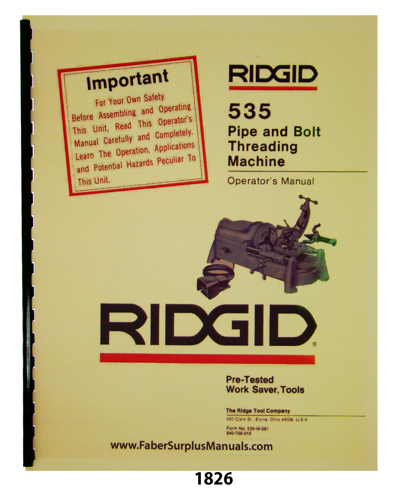 Rigid Model 535 Pipe & Bolt Threading Machine Operator & Parts List Manual #1826