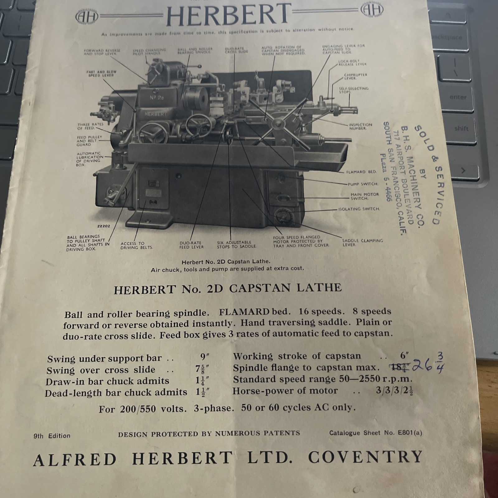 Alfred Herbert No. 2D Capstan Lathe Catalog Sheet E801
