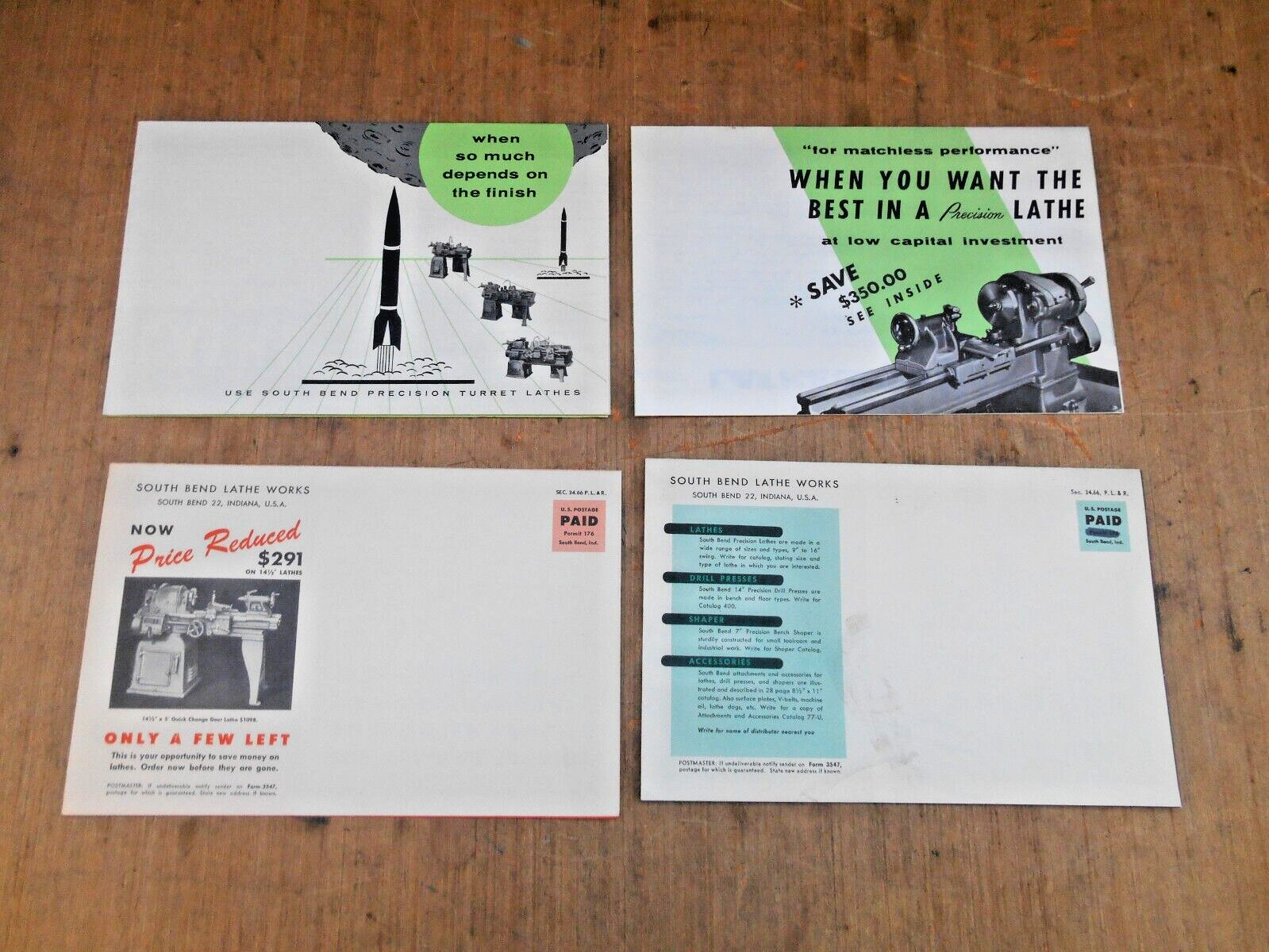 VTG. SOUTH BEND LATHE MAILERS & FLYERS , 1947 , 1958 , 1961 , LOT OF 4