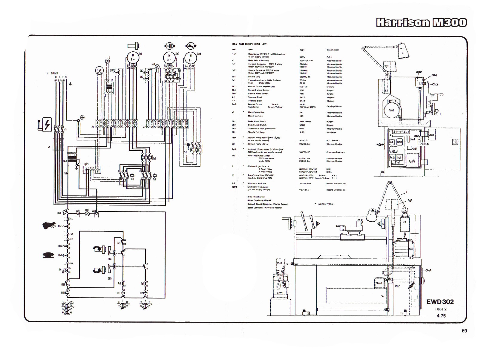 Harrison M300 Lathe 13″ Instruction & Parts List Manual #1408